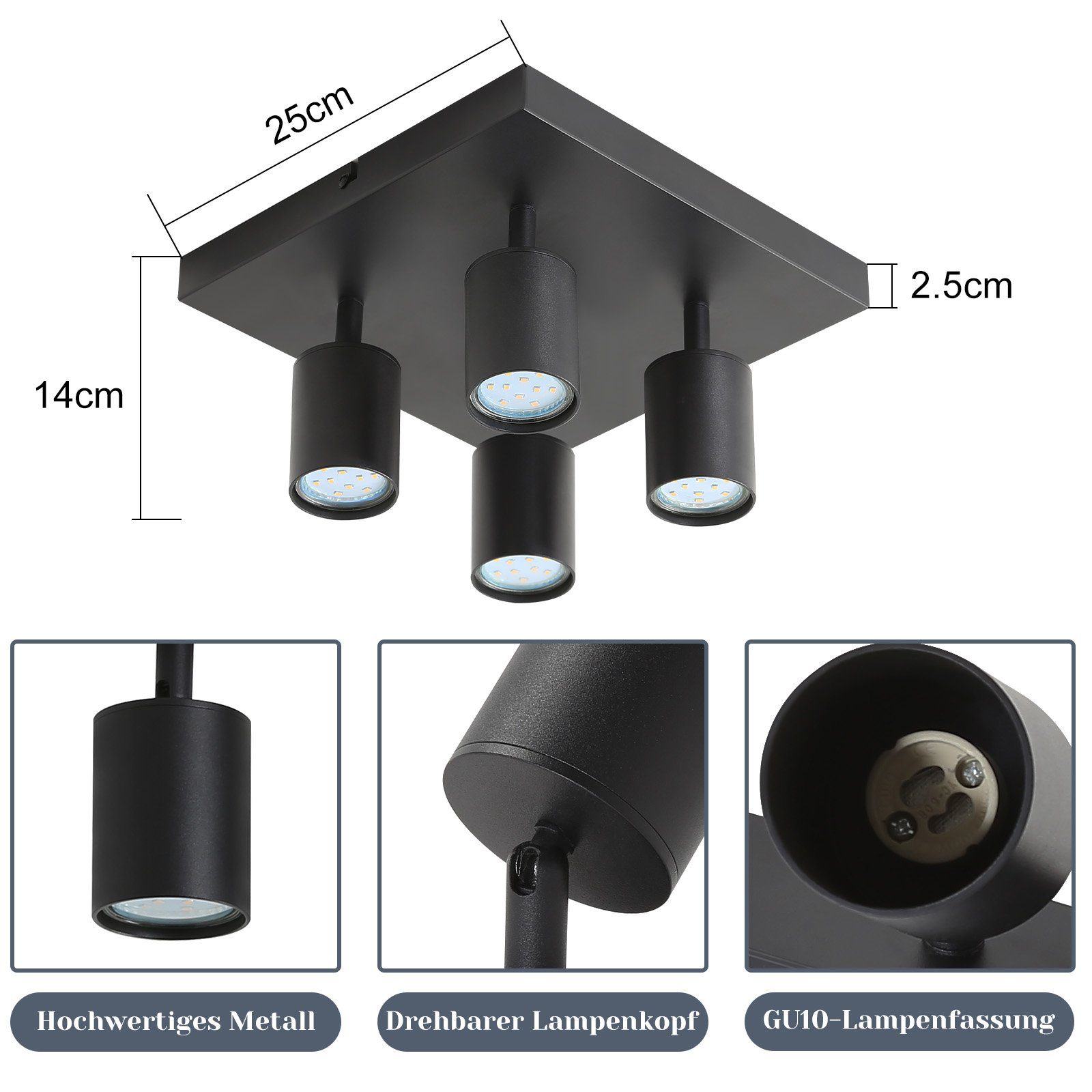 Deckenleuchte Schlafzimmer Flur, für GU10 Schwarz 25W 330°Schwenkbar, 4/6 LED Weiß Deckenlampe LED Nettlife Deckenspots, Küche Flammig wechselbar, mit Wohnzimmer Deckenstrahler