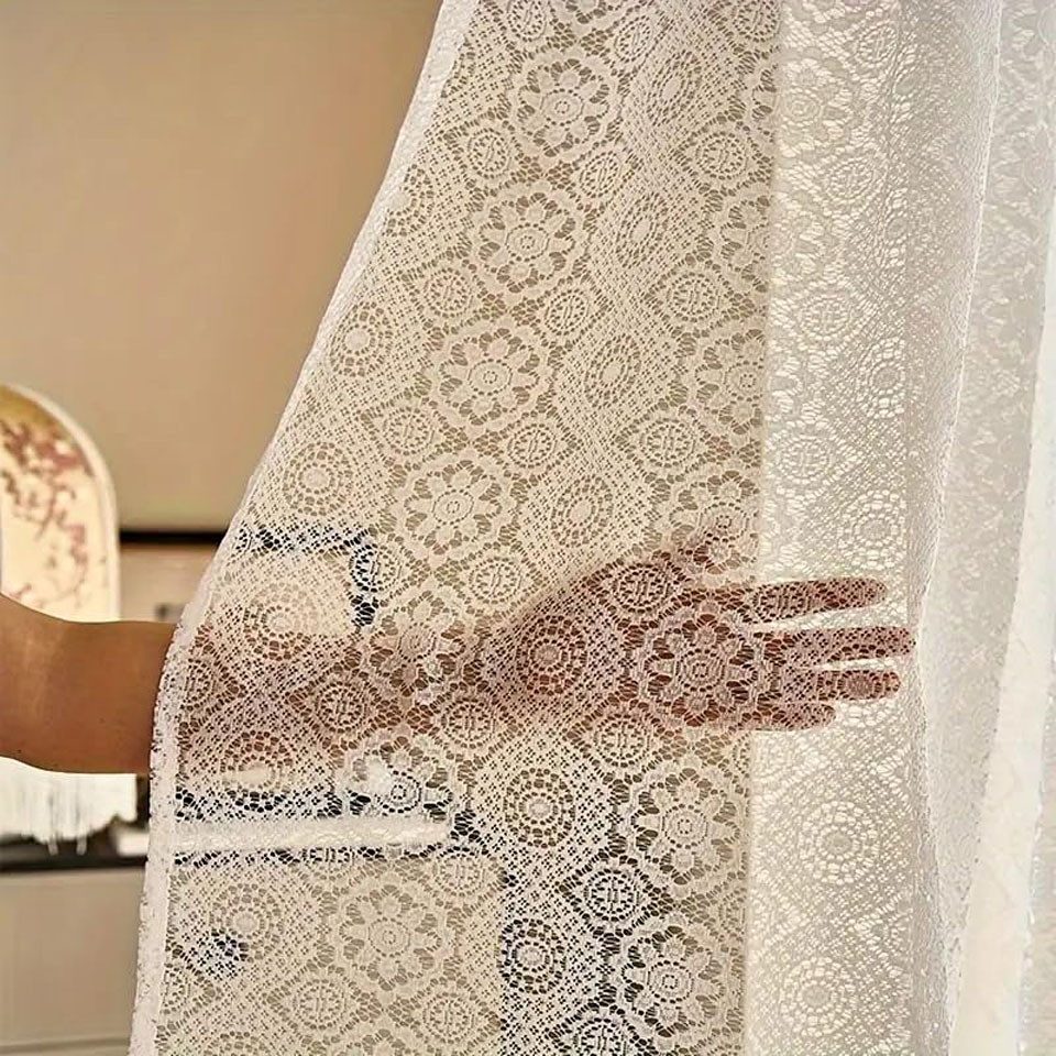 Diwzbyn Gardine Vintage-weißer Spitzenvorhang, lichtdurchlässiger Boho-Vorhang, französischer Häkel-Dekorationsvorhang für Schlafzimmer und Wohnzimmer