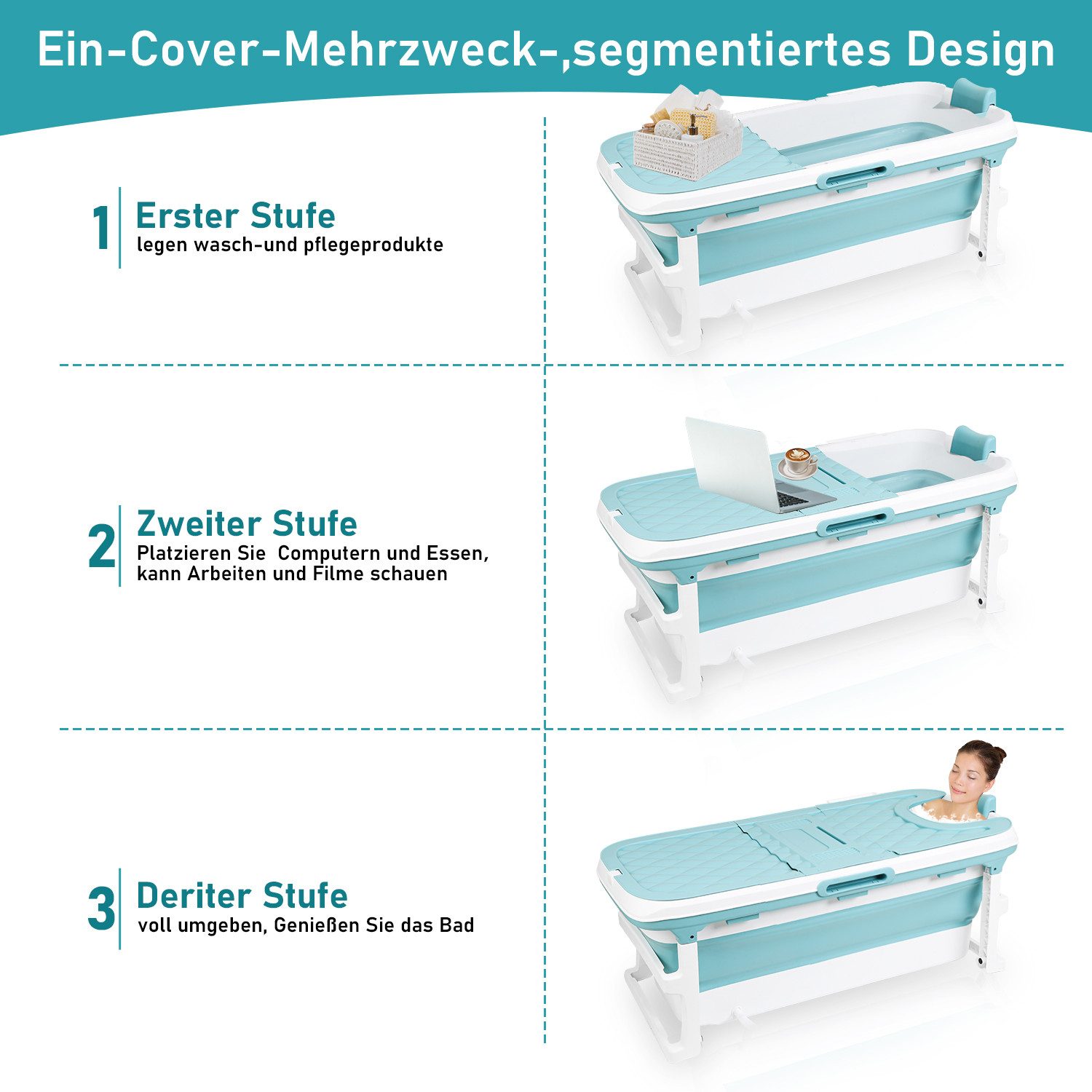 Clanmacy Badewanne Badewanne Erwachsene XXL-Bad Faltbare mit Massagerollen 149cm – Bild 4 von 5