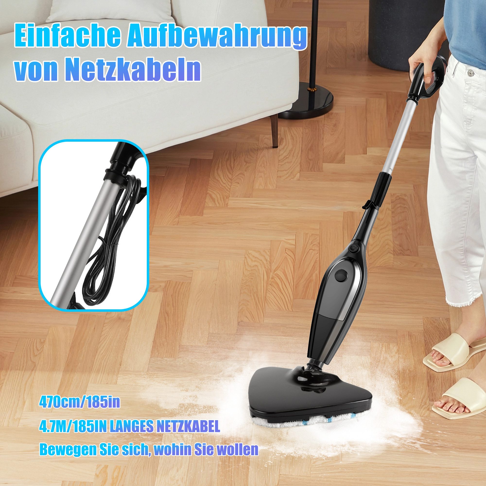 ibettertec Dampfreiniger 9-in-1-Dampfreiniger, Dampfmopp mit Mikrofaserpad, 2000 W, Aufheizzeit: 30 Sekunden, 400ml Wassertank, Hygienische Bodenreinigung ohne Chemie, Entfernt bis zu 99,9 % von Bakterien & Viren - Für alle Böden