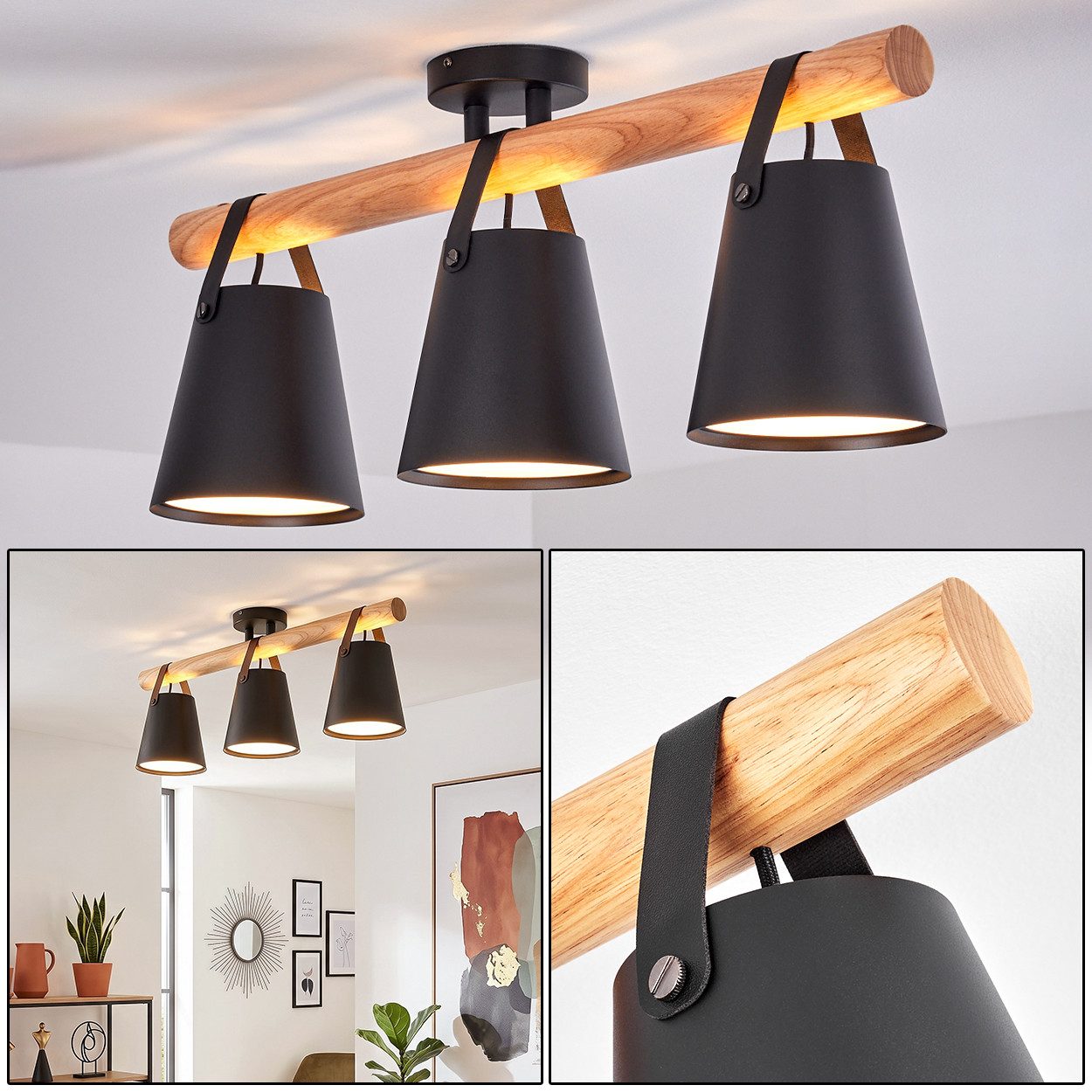 hofstein Deckenleuchte Deckenlampe aus Metall/Holz/Kunststoff in Schwarz/Natur/Weiß, moderne Deckenleuchte im Boho-Design, Ø Schirme 17 cm, 3 x E27