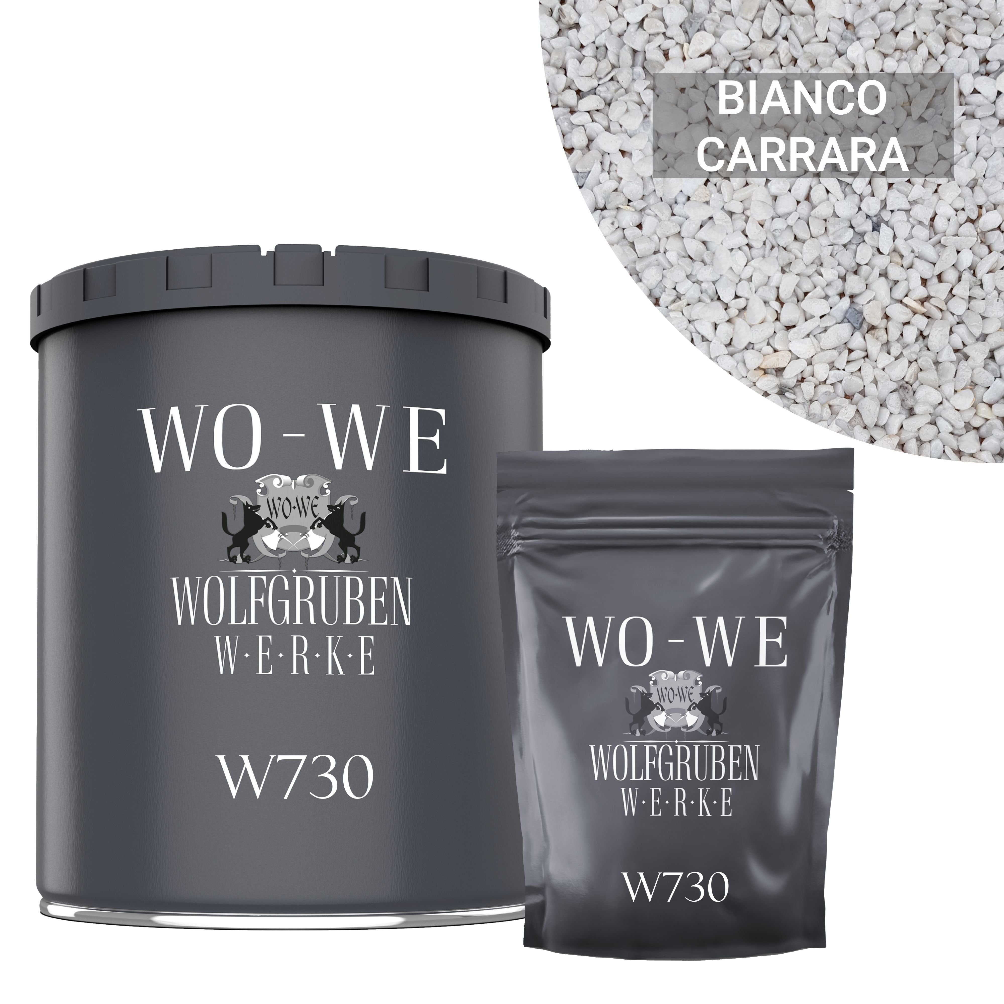 WO-WE Korngröße 4-8mm Bodenfliese Weiß - Carrara, Set, 1,5KG Bianco 25KG Bodenbeschichtung Set 2qm, 2k Marmorkies W730 Marmorkies + Steinteppich Bindemittel