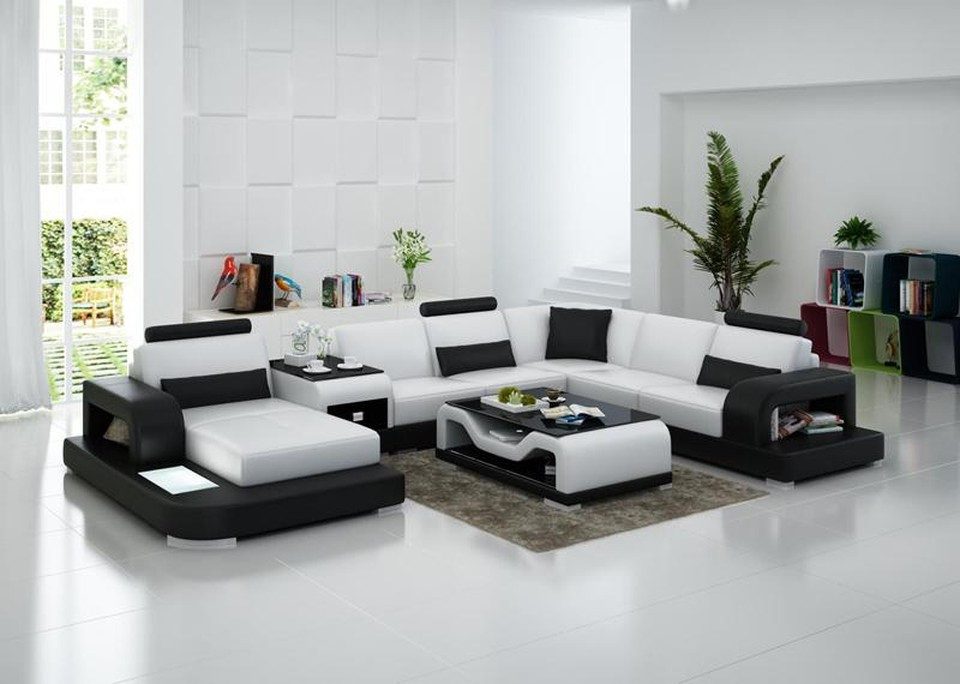 Xlmoebel Wohnlandschaft XLMOEBEL G8007 Ledersofa in Weiß mit Bettfunktion, Wohnlandschaft 4 Teile, Made in Europa
