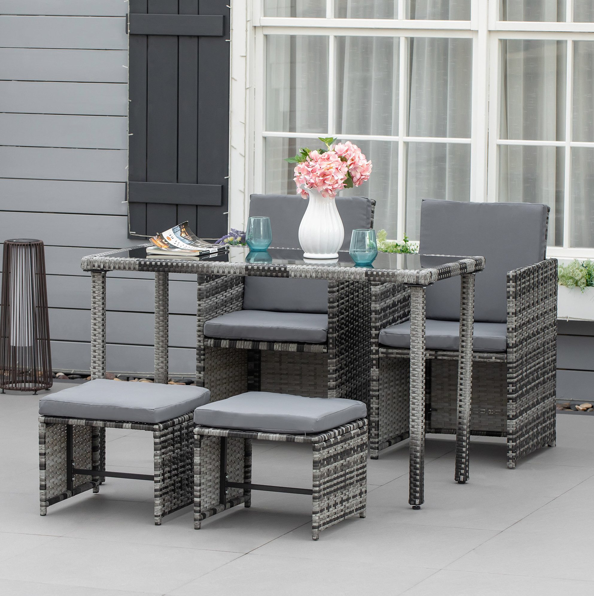 REDOM Sitzgruppe Polyrattan Gartenmöbel-Set für 4 Personen in Grau, (Set, 5-tlg., Garten-Essgruppe mit Sitzkissen für Terrasse und Balkon), Gartenset mit wetterbeständigen Materialien für den Außenbereich