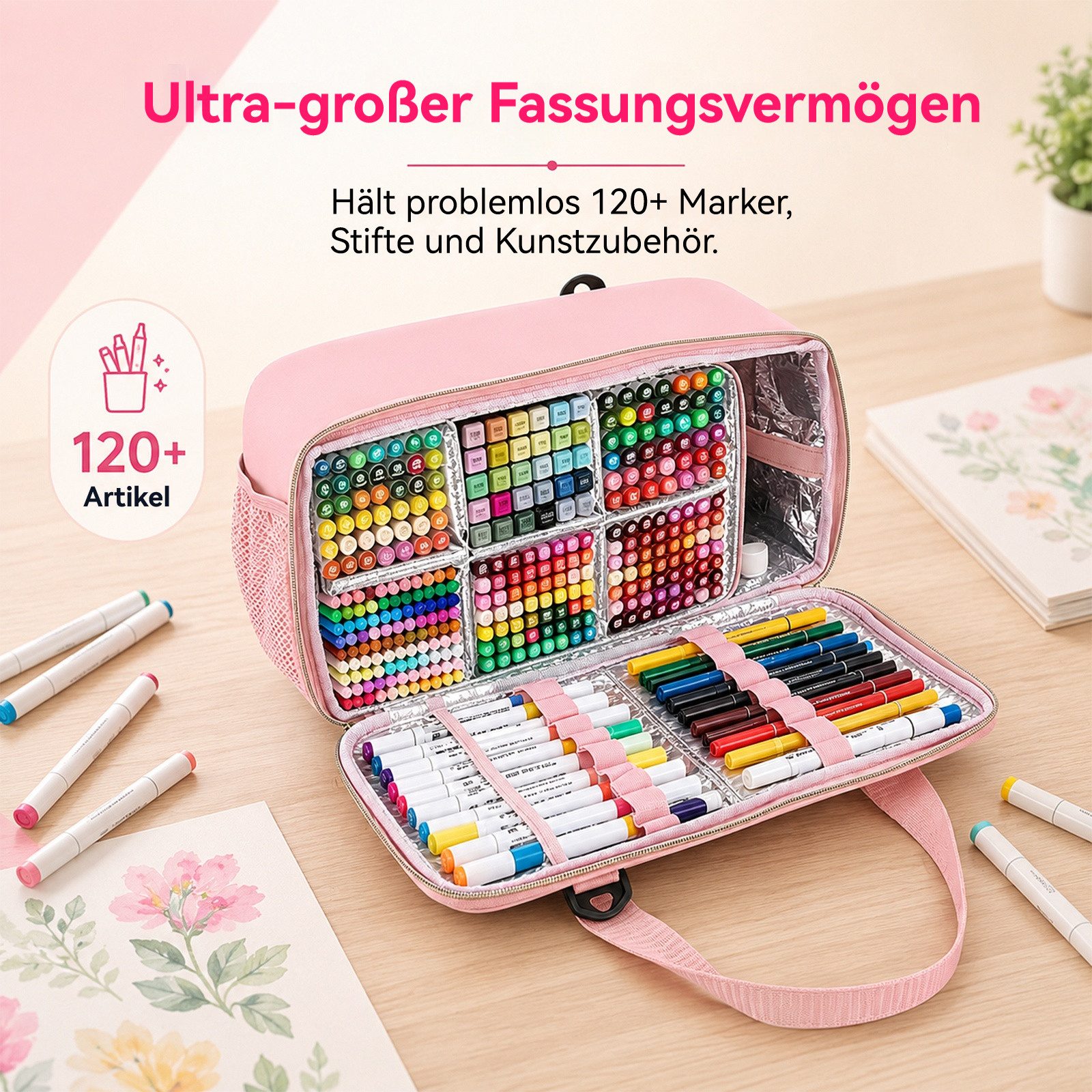 BlingBin Aufbewahrungstasche Art Supply Aufbewahrungsbox für bis zu 216 Marker (1er Set, 1-tlg., Abwischbares Innenfutter, Tragbarer Stiftehalter für Unterwegs) – Bild 5 von 5