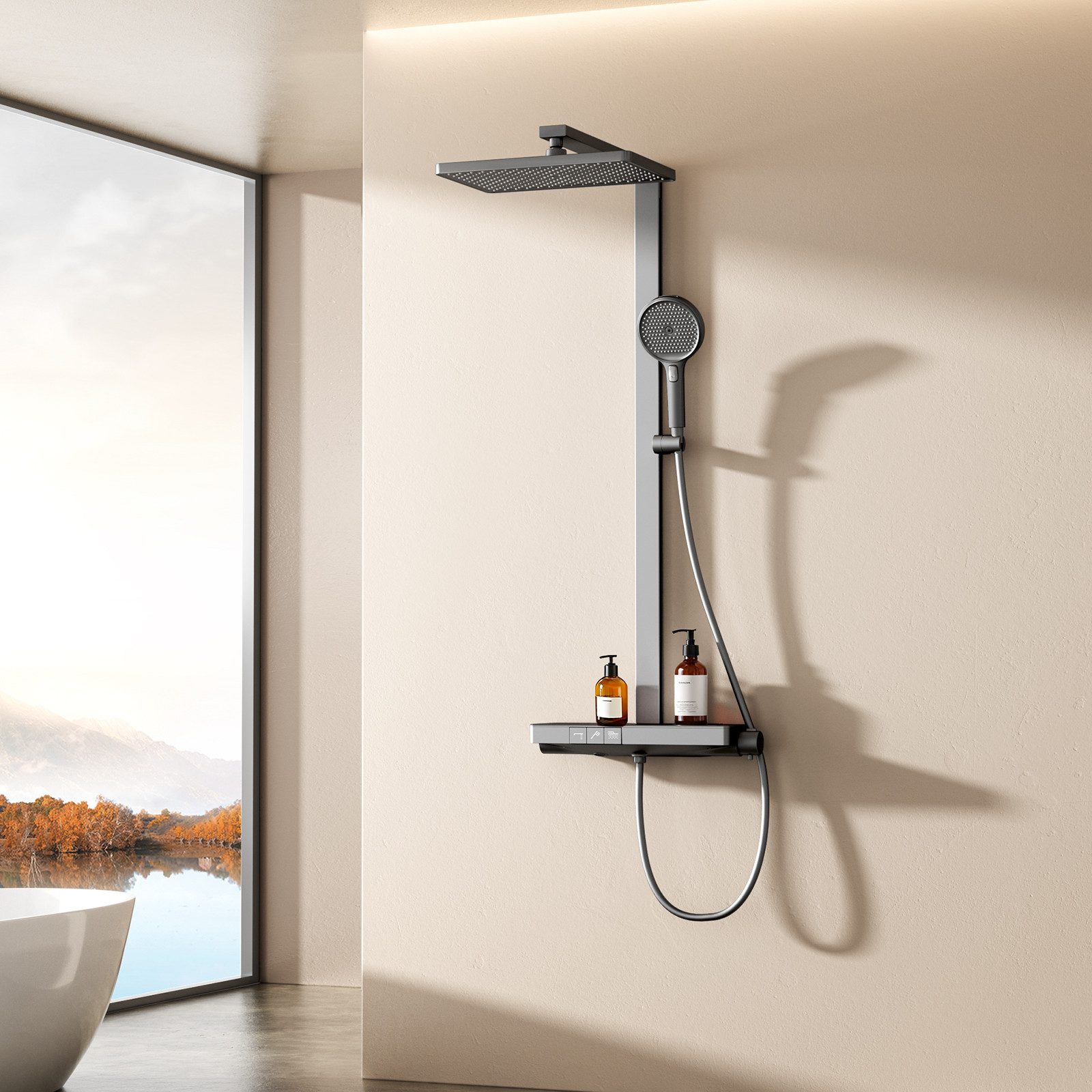 Duschsystem DuschsäuleSet mit 40cm Thermostat Ablage Regendusche und Kopfbrause