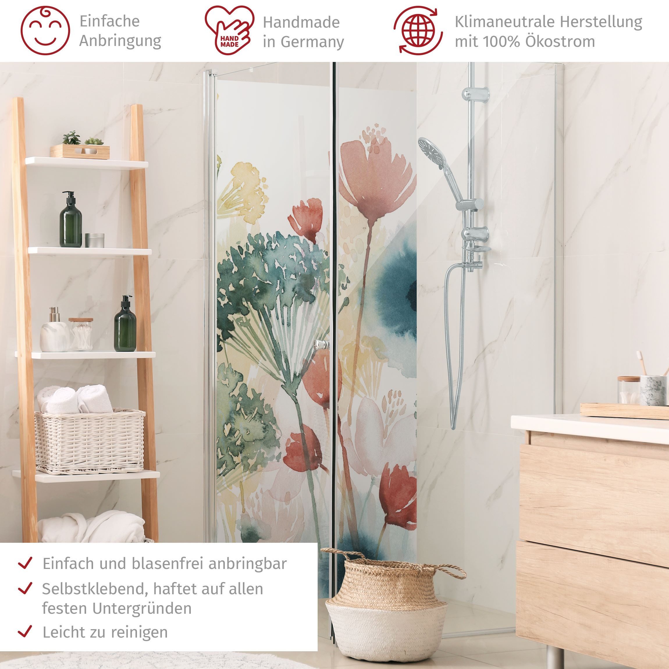 Thumbnail - Bilderdepot24 Badrückwand Blumen weiß Duschrückwand ohne Bohren Aquarell Landhaus, (1-tlg., Hart-Folie Smart matt 0,35 m...