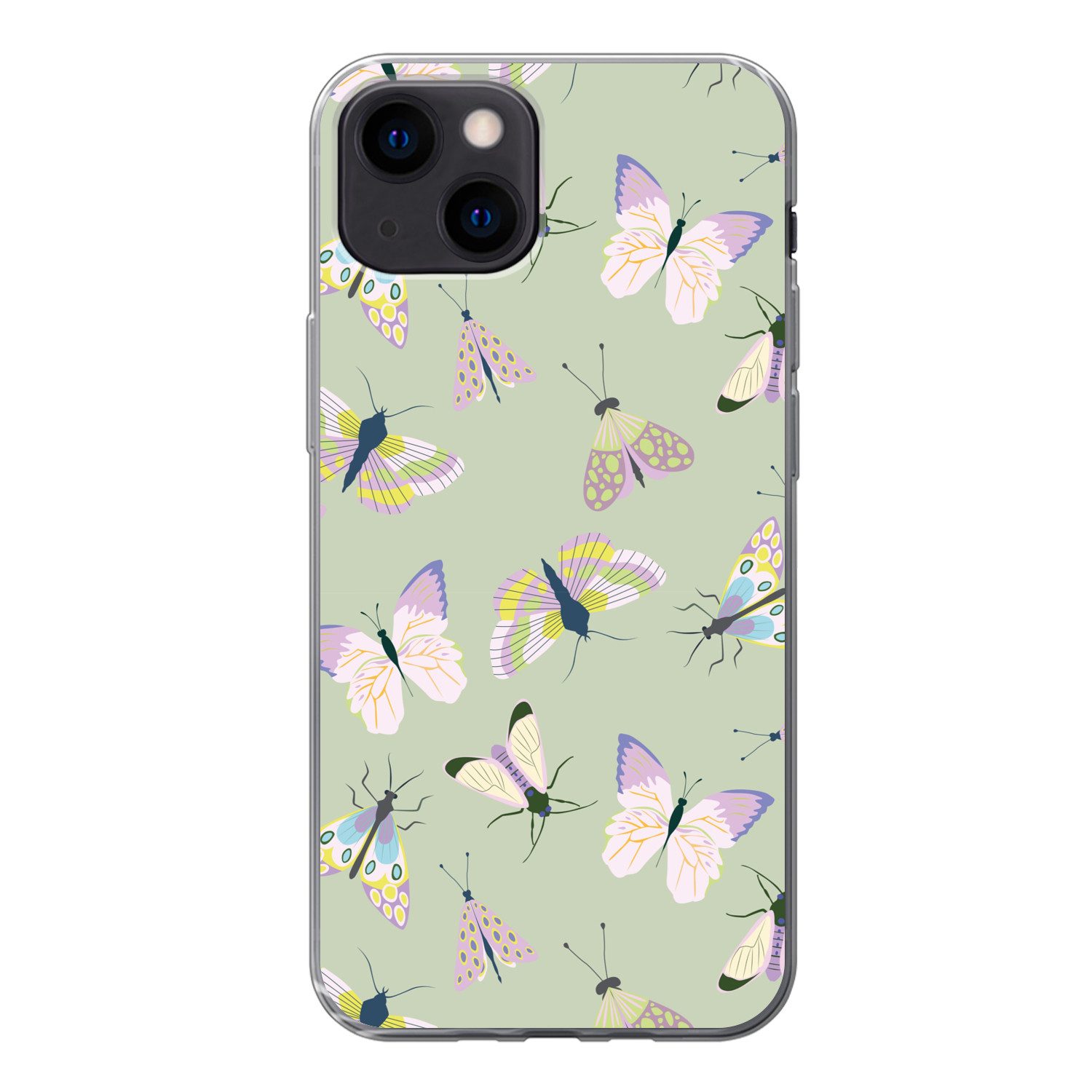 MuchoWow Handyhülle für Apple iPhone 13 mini Schmetterlinge - Insekten - Grün - Farbenfroh, Smartphone-Bumper, Print, Handy Schutzhülle Dünn