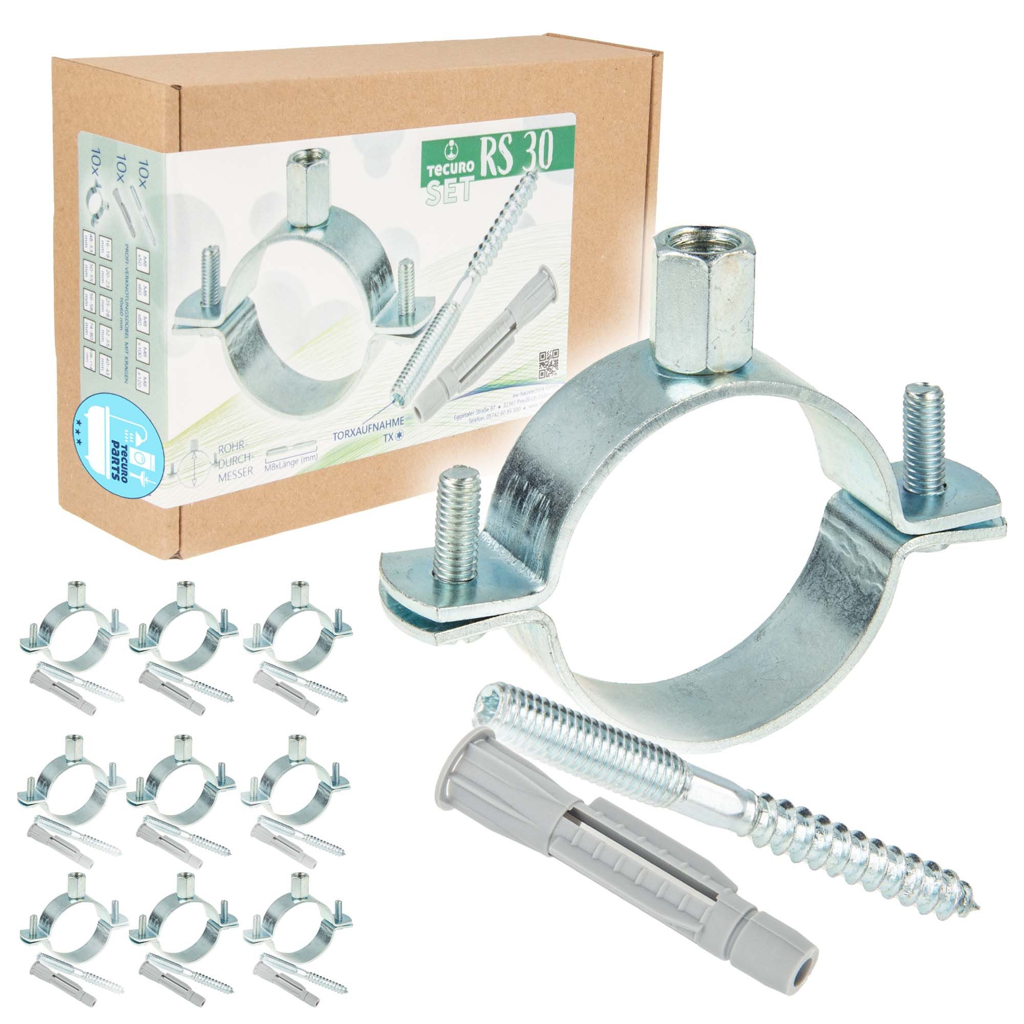 tecuro Rohrschelle 10 x Rohrschelle M8/M10 verzinkt, inkl. Stockschraube und Dübel