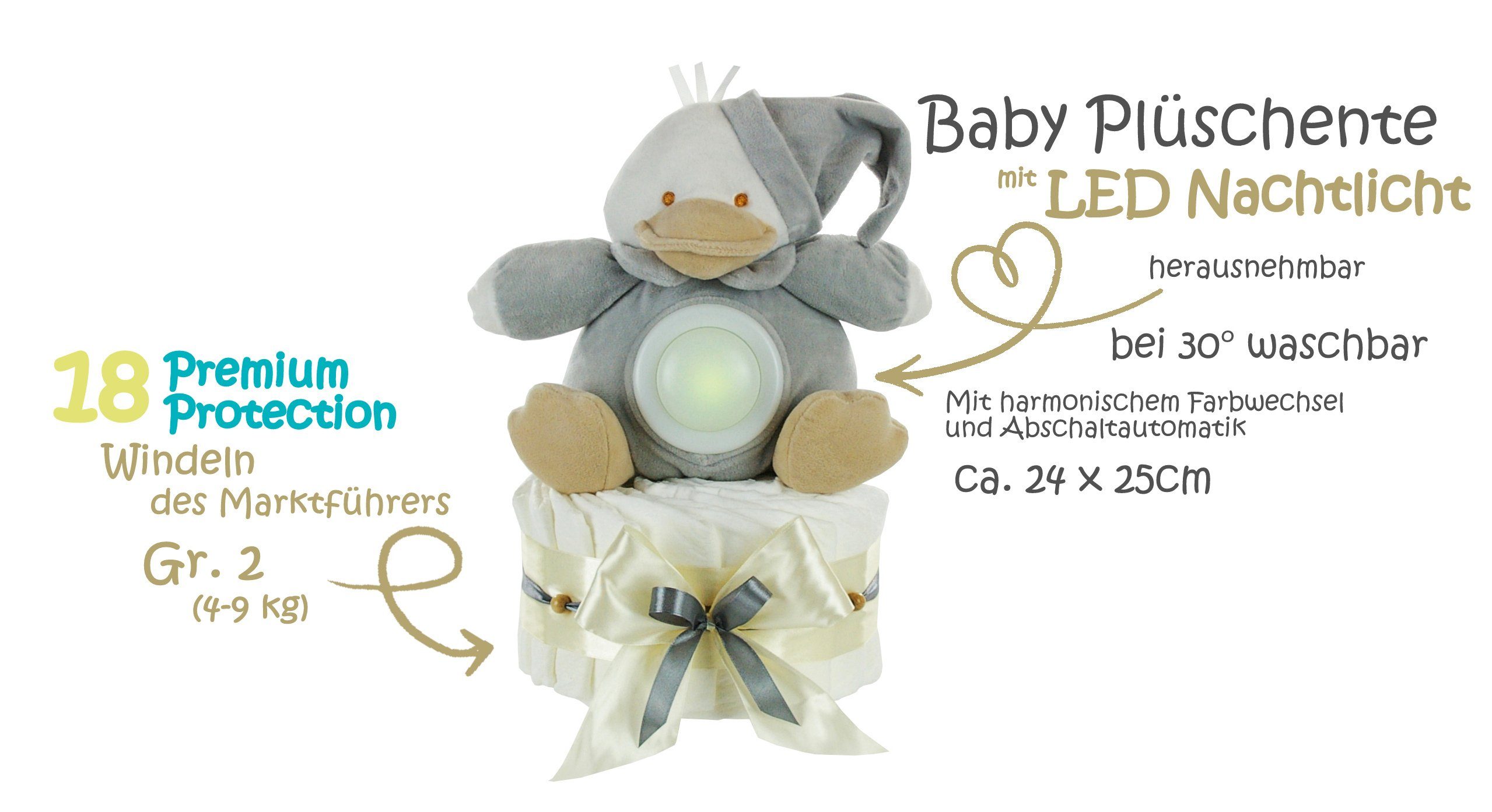 Ente Kuscheltier Neutrale + Windeltorte Grußkarte LED-Nachtlicht dubistda-WINDELTORTEN- Neugeborenen-Geschenkset 35cm