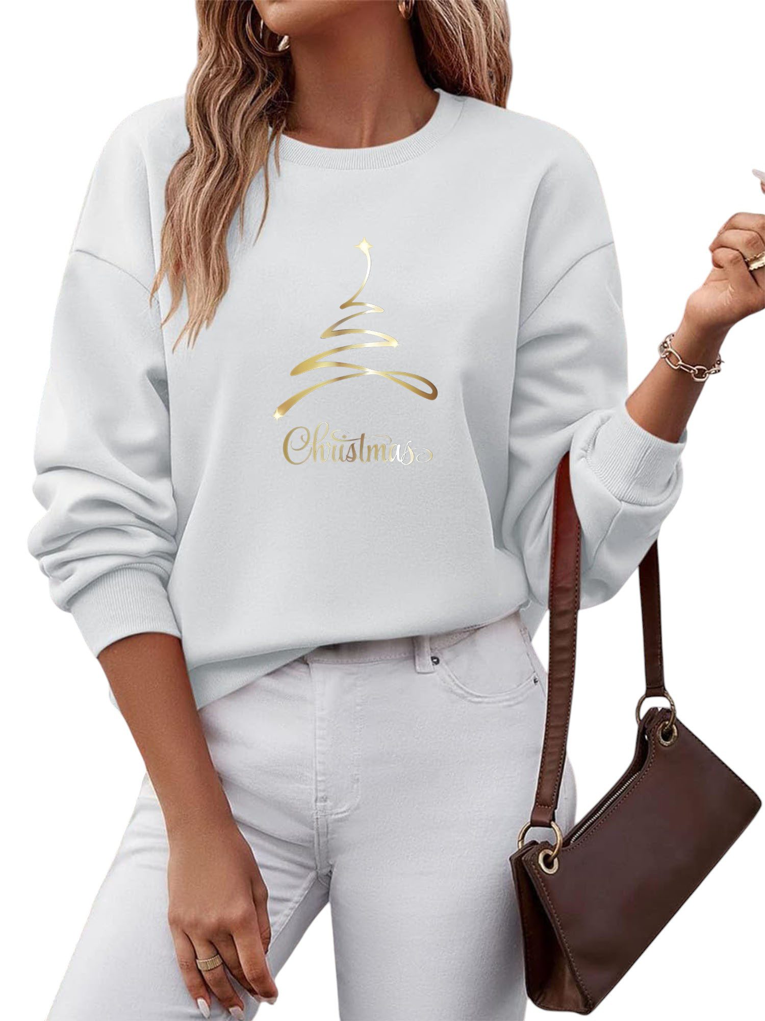 Rundhalspullover Damen Fleecepullover mit Weihnachten Print, Warm aus Fleece-Mix