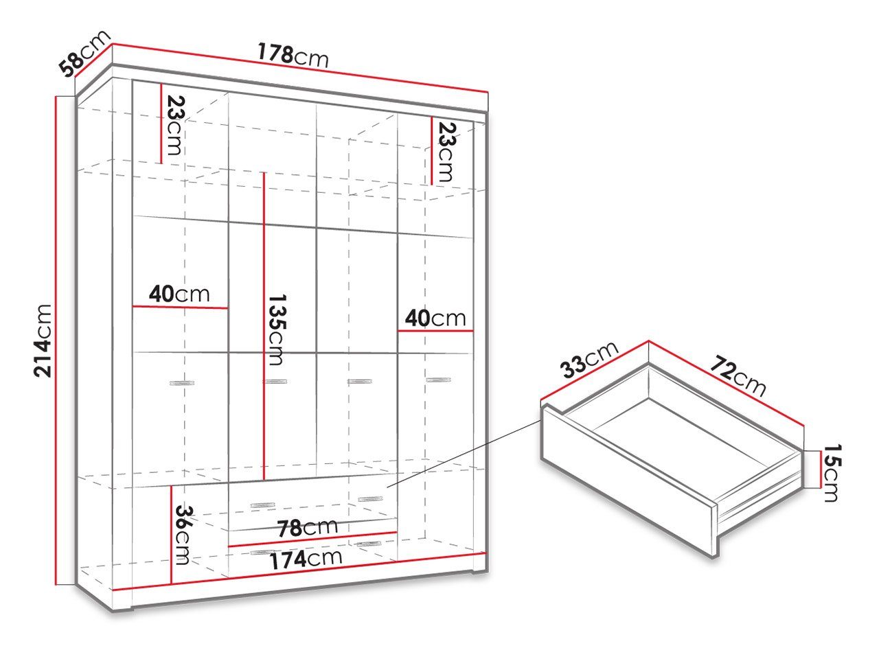 Kleiderschrank Weiss (4-Drehtüren I18 Kraft Schubladen) Mirjan24 2 Kleiderstange, Griffe Indianapolis und Metall