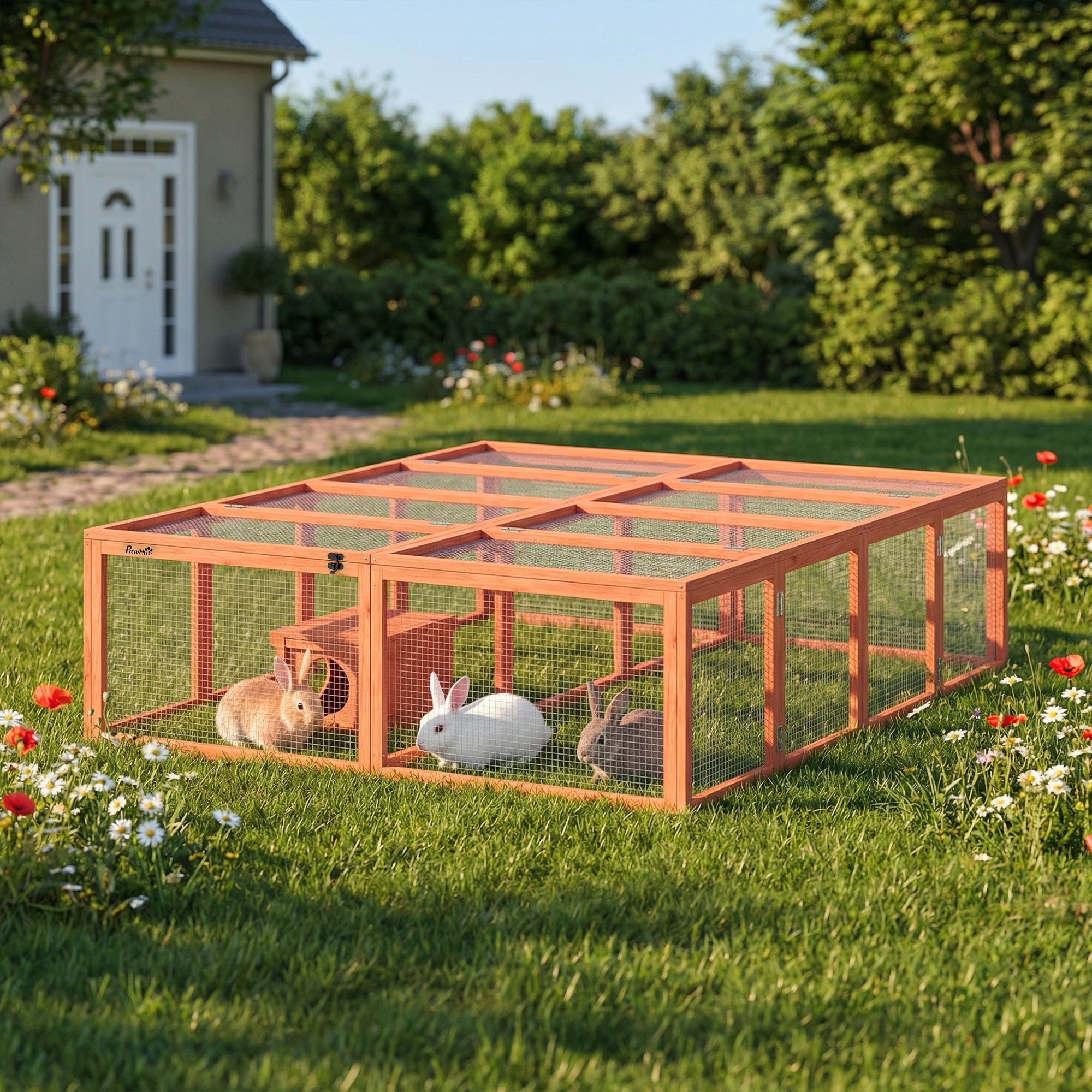 PawHut Kleintierstall Kaninchenstall aus Holz mit 2 Türen Unterschlupfhaus, für 2-4 Zwergkaninchen Zwergmeerschweinchen 180,4x150x48 cm Orange