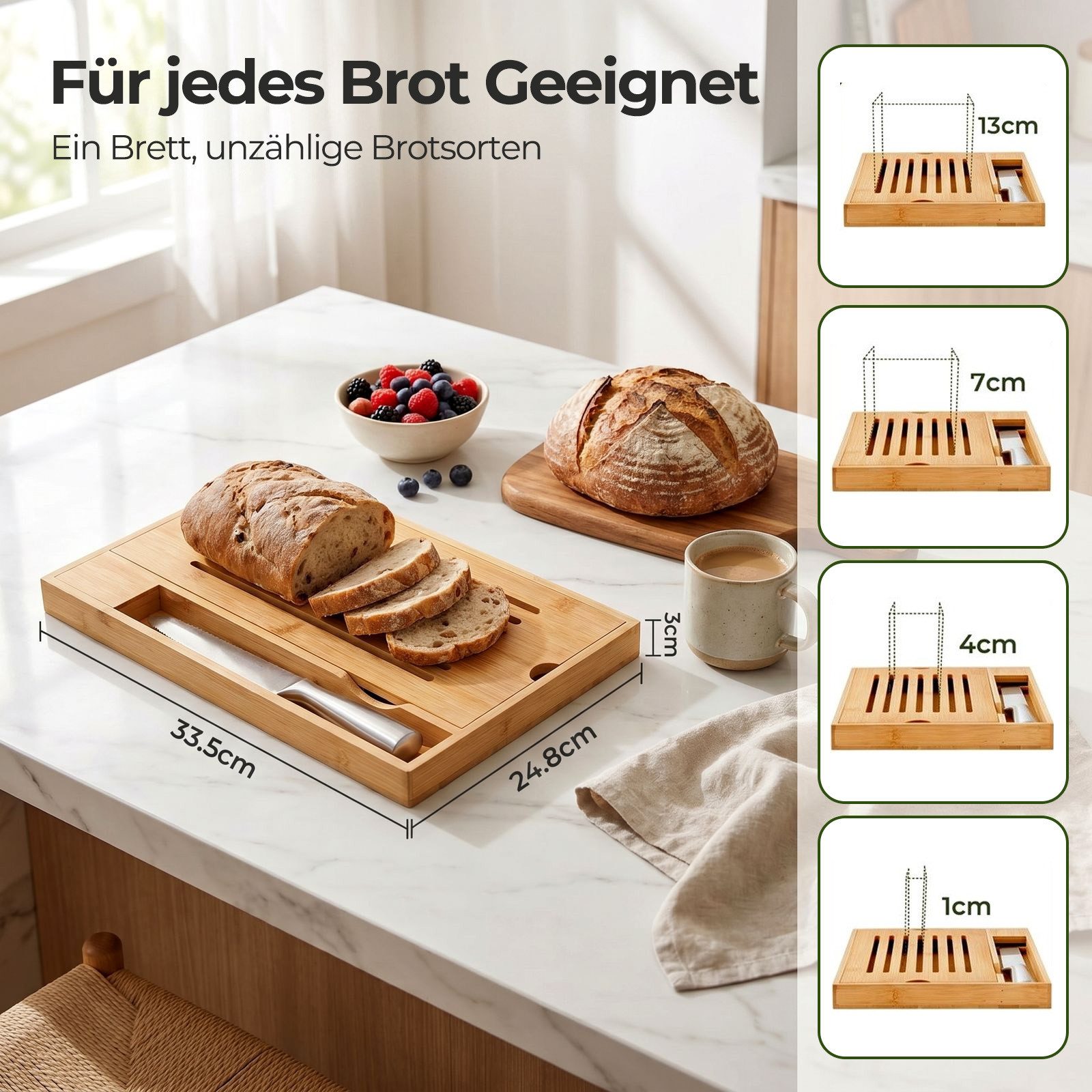 FOHERE Brotschneidebrett mit Messerhalter (inklusive Brotmesser) und Krümelschublade, Naturbambus, (1-St), 33.5 x 24.8 cm, geeignet zum Schneiden aller Brotsorten