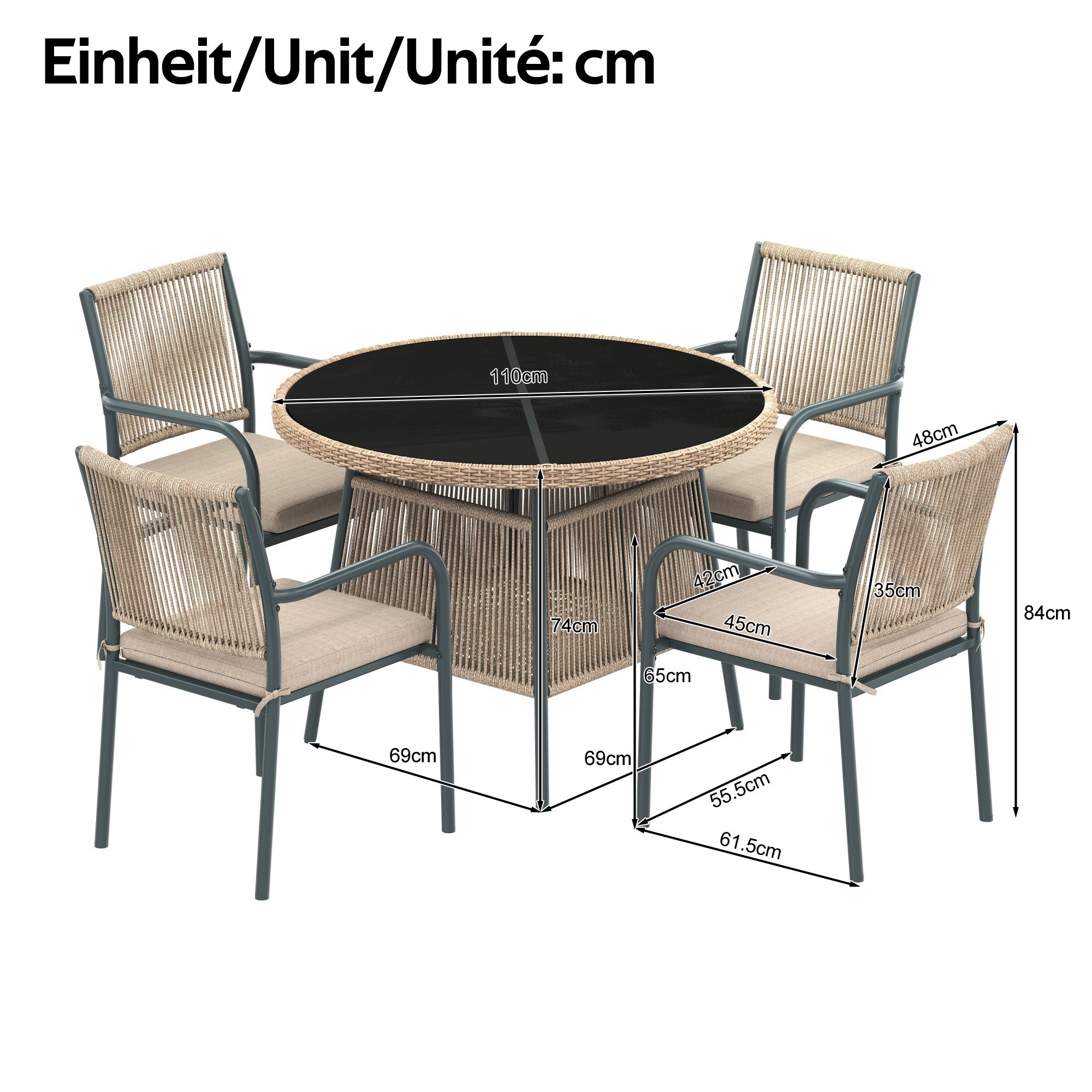 Celya Garten-Essgruppe Modernes Gartenmöbel-Set aus Rattan, Eisengestell, (Geeignet für Terrasse/Balkon/Deck, Grau), Runder Glastisch + 4 Armlehnstühle