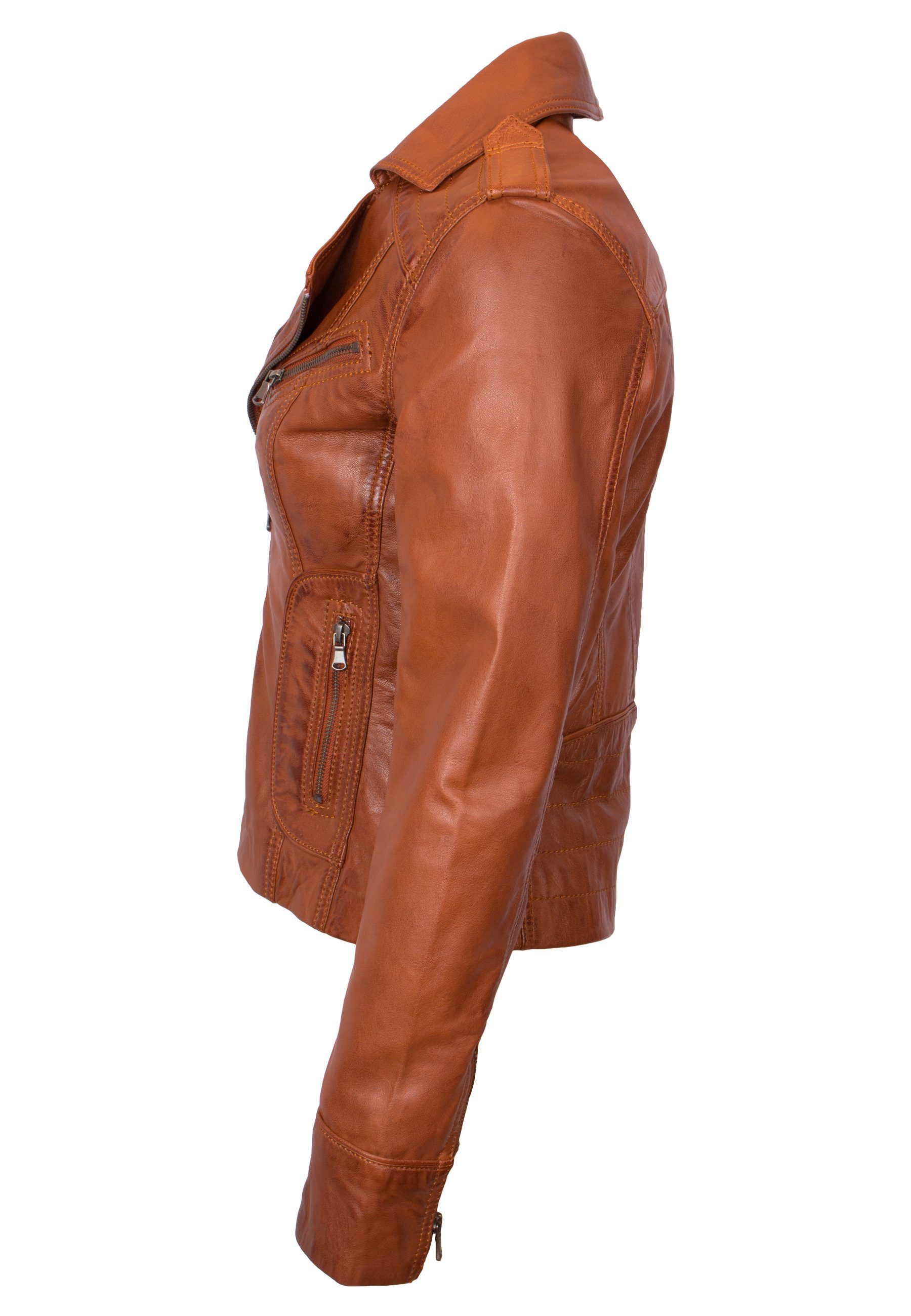 cognac Lolus Biker Reverskragen Lederjacke mit Mariah Lederjacke Damen Kurze