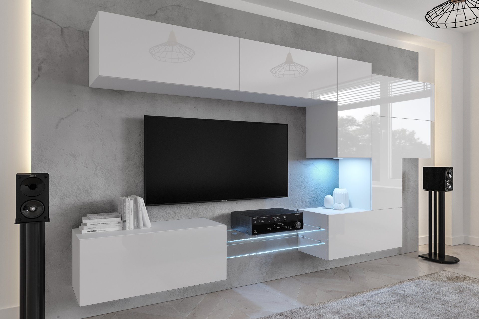ROYAL24_MARKT Wohnwand - Moderne Wohnzimmer Wohnwand in Premium-Qualität, (Komplett Set, 10-St., NovaStyle), Elegantes Design - Beleuchtung - Qualität und Innovation Weiß - Hochglanz