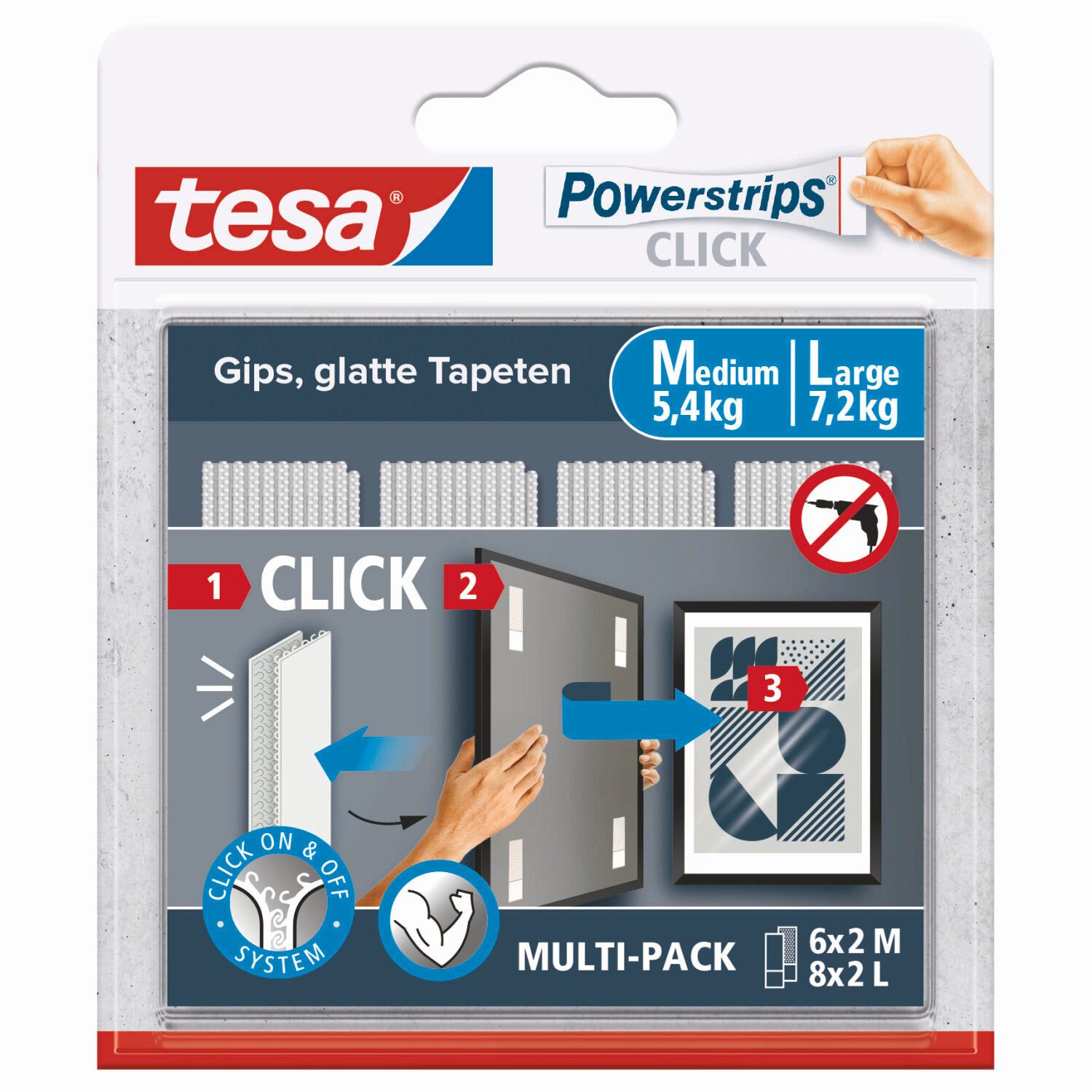 tesa Klebehaken, (Packung, 1-St., 12x Größe M & 16x Größe L zum An- und Abklicken von Bildern & Wanddeko), starker Halt ohne Bohren, wiederablösbare und wiederverwendbare Strips