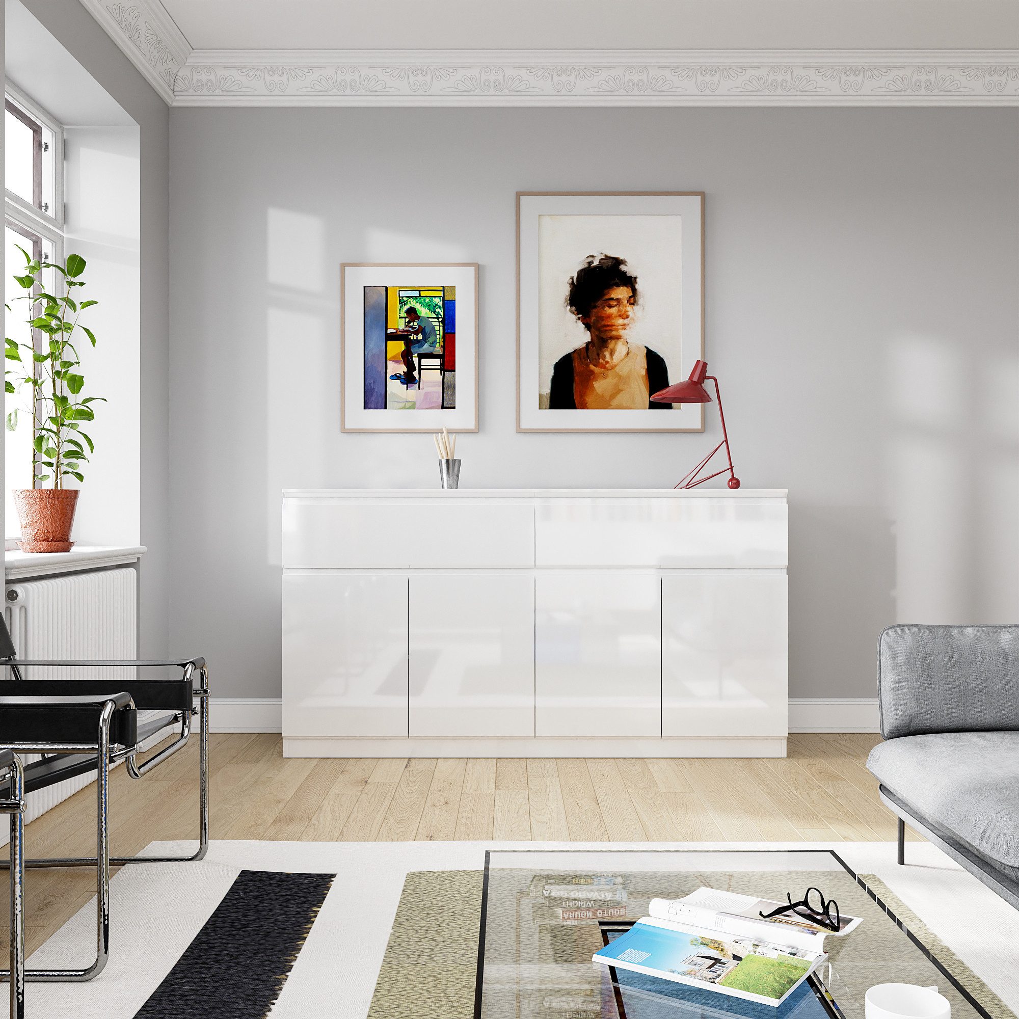 FUFU&GAGA Kommode Weiße Hochglanz-Kommode, Sideboard mit Висувні ящики, MDF, 3 Größen