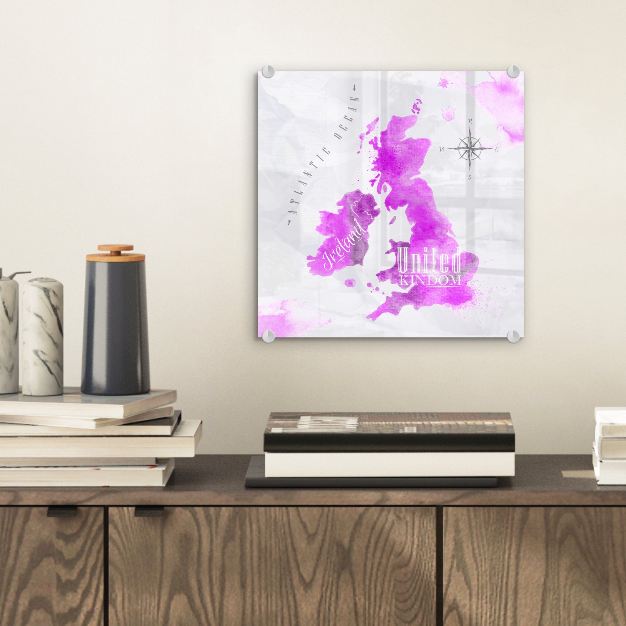 auf (1 Glas - Bilder Foto Glasbilder Weltkarte Rosa, Glas auf Wanddekoration MuchoWow - Acrylglasbild St), - - - England Wandbild