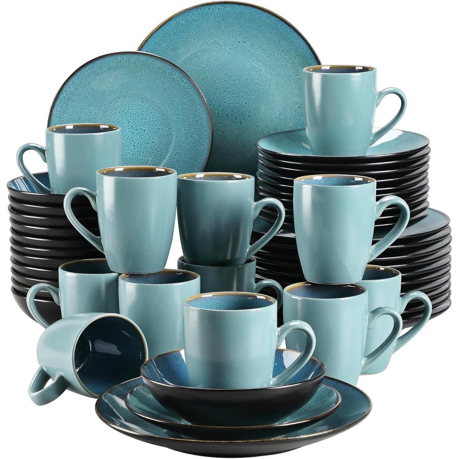 LuxusKollektion Kombiservice 48-teiliges Tafelservice Set aus Steinzeug in Grün, Vintage Look