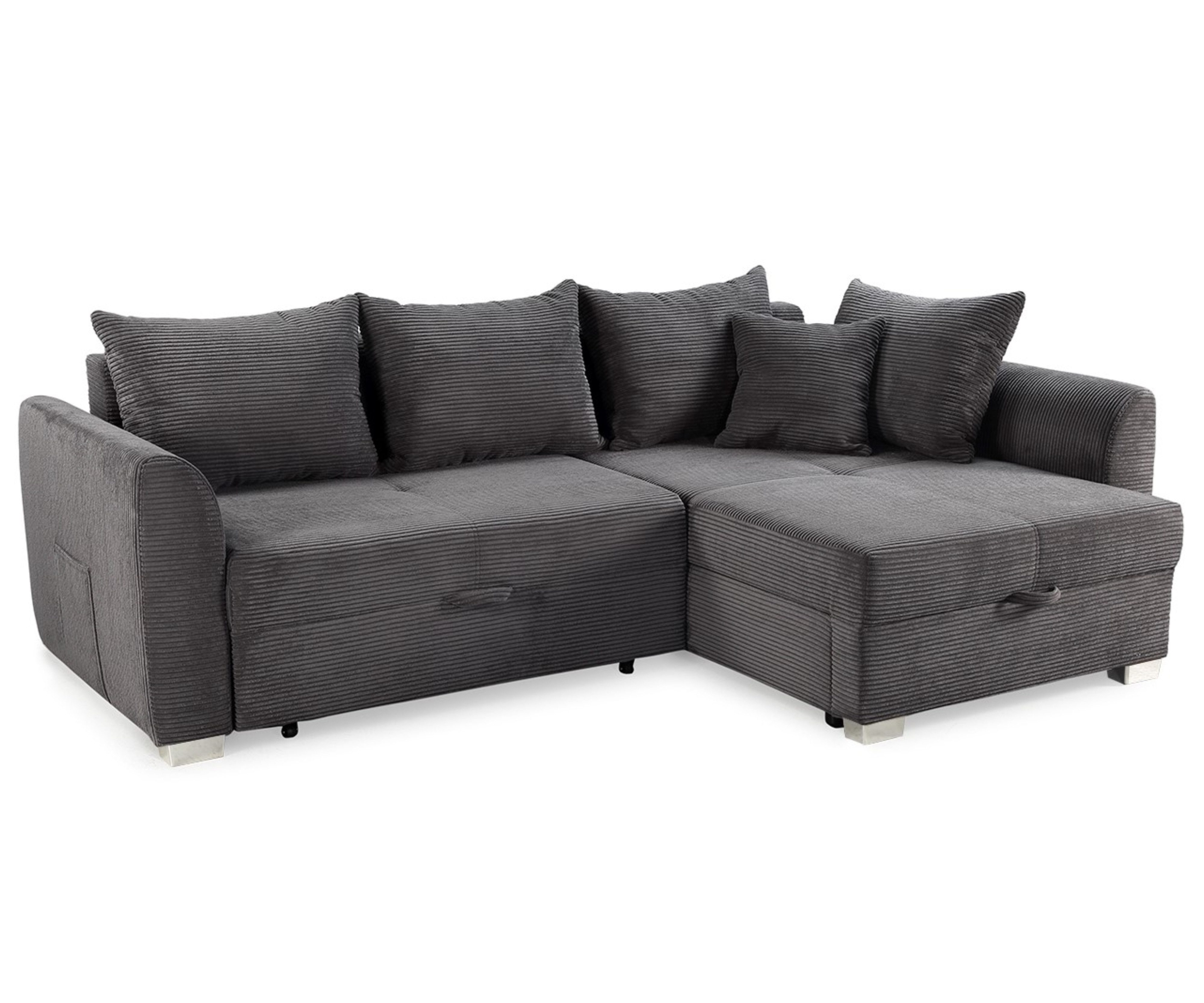 luma-home Ecksofa 15202, mit Bettkasten B236/T160/H81 cm, Liegefläche 142x202 cm, Bettfunktion, Ottomane links oder rechts, Cord Dunkelgrau