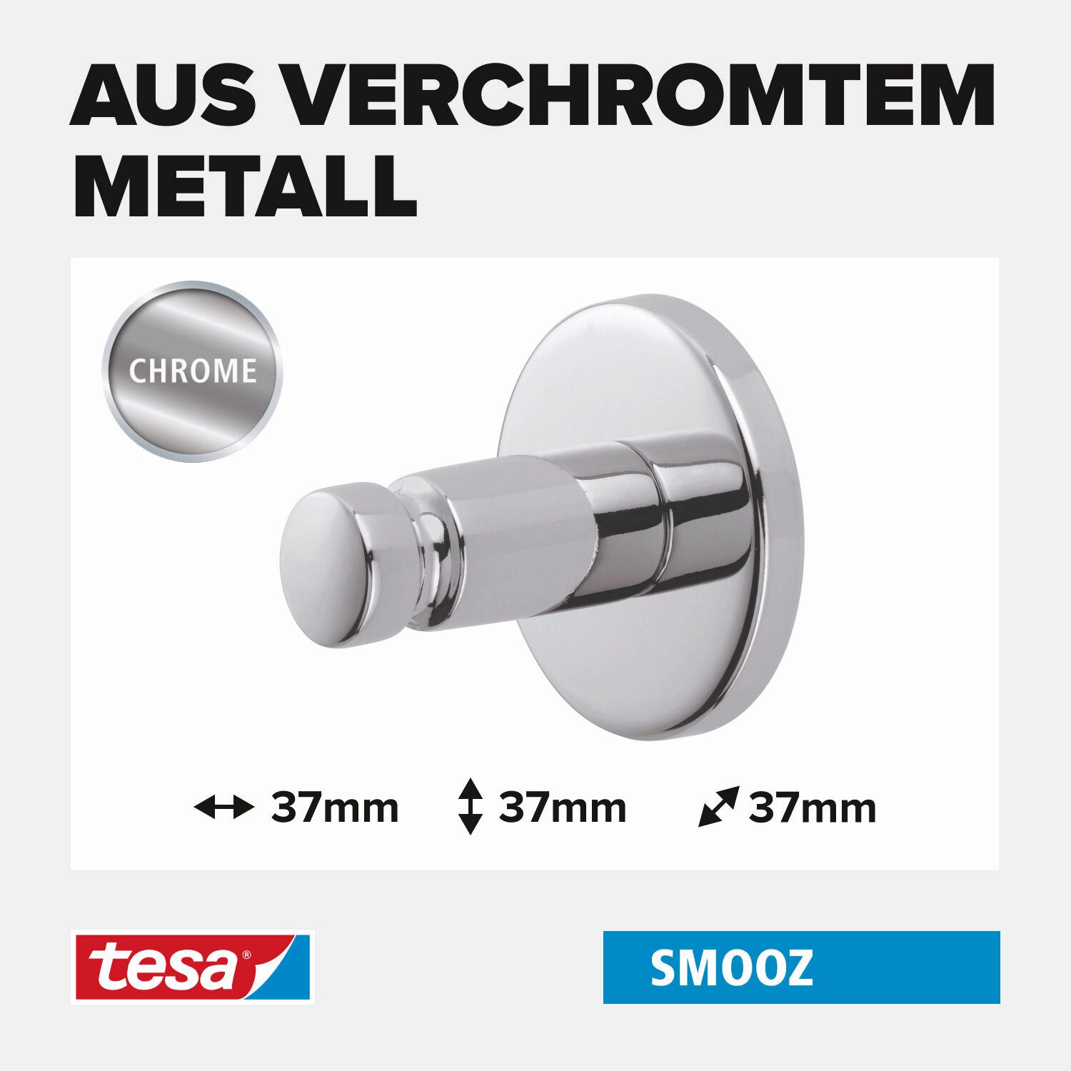 tesa Handtuchhaken SMOOZ Handtuchhaken ohne Bohren - 3,7 cm : 3,7 cm : 3,7 cm, Wandmontage, Gäste-WC, Badezimmer, (Packung, 1-St., inkl. Klebelösung), selbstklebende Handtuchhalterung - chrom - silber glänzend
