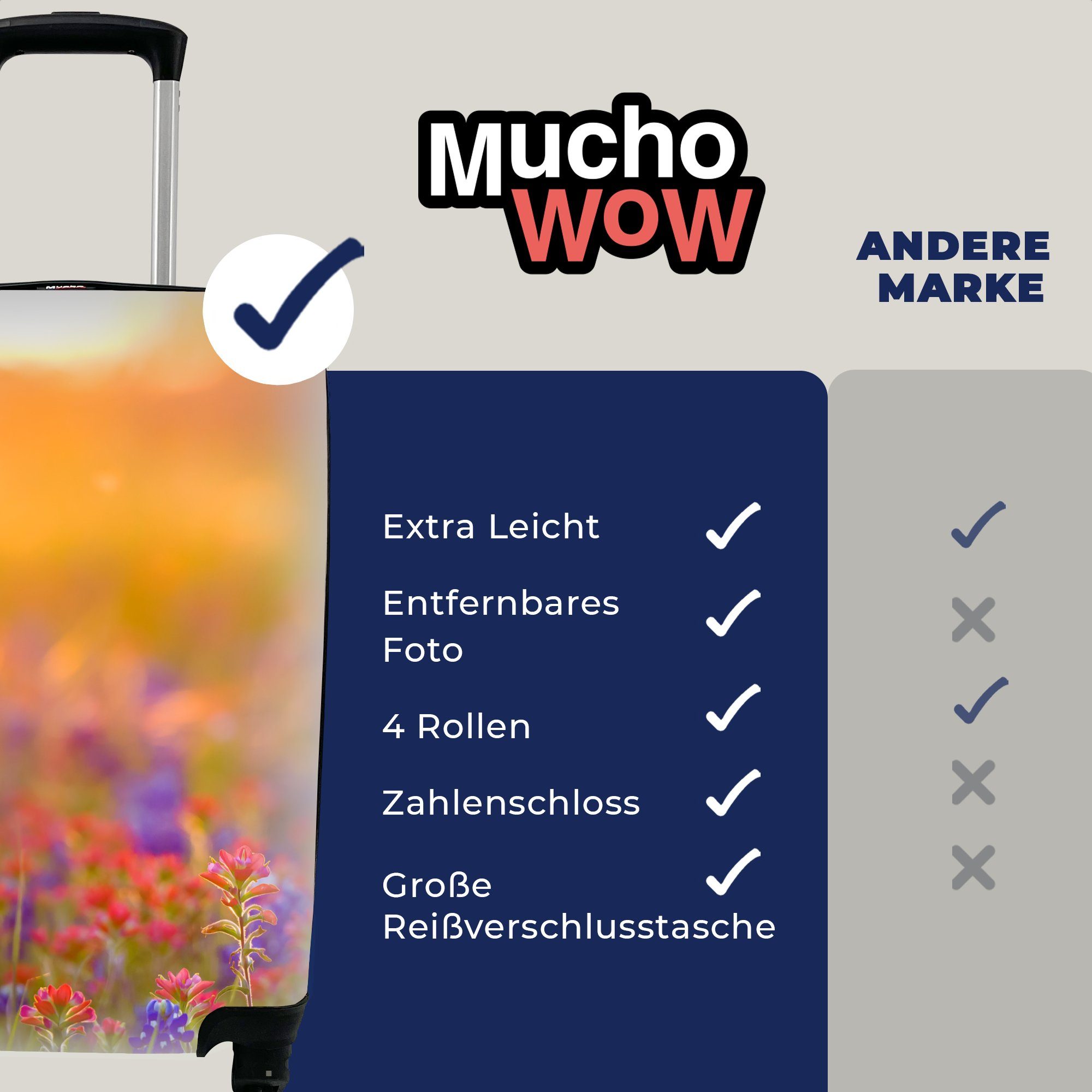 MuchoWow - Reisekoffer 4 Blumen Sonne, mit Rollen, Reisetasche rollen, Handgepäckkoffer für Trolley, Handgepäck - Ferien, Gold