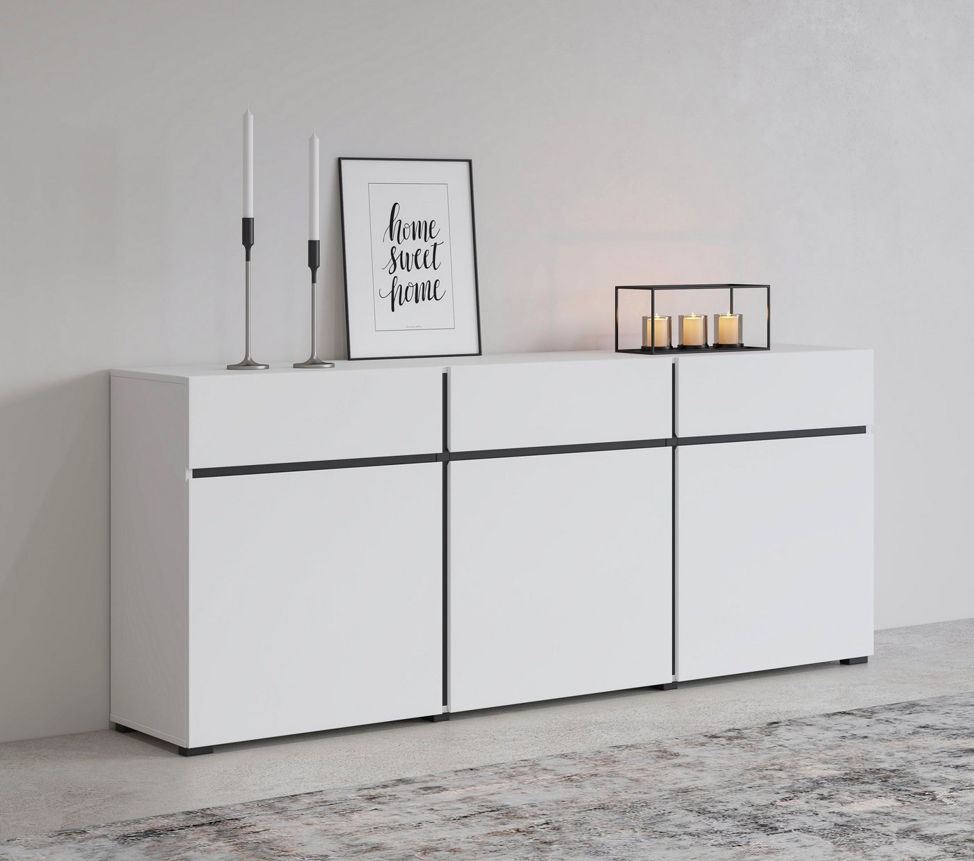 OTTO home Sideboard Cross,Breite 180 cm, moderne grifflose Kommode,3 Türen/3 Schubkästen, Schubladenschrank mit viel Stauraum, Einlegeböden verstellbar
