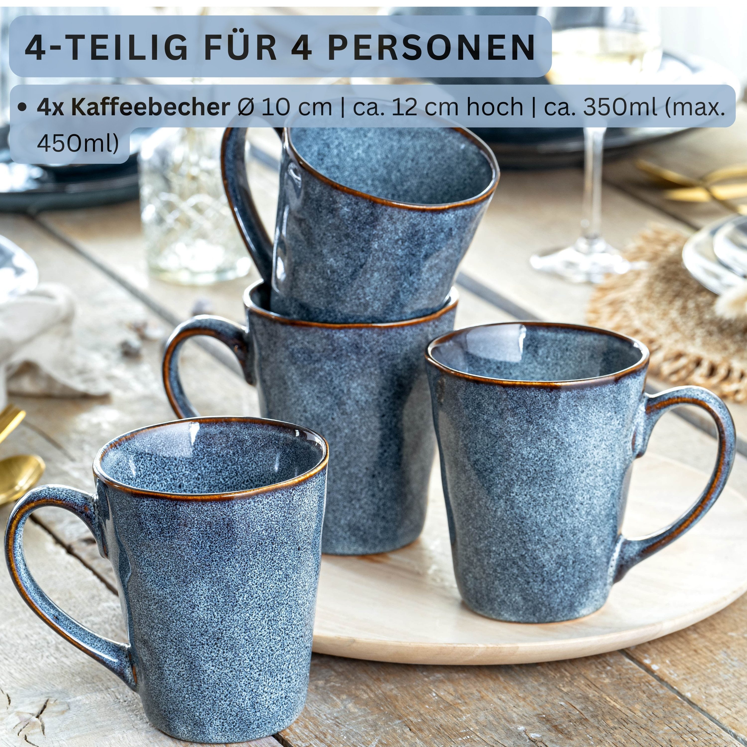 SÄNGER Becher Darwin Kaffeebecher Set, 4-tlg., Steingut, Handmade, 500 ml, ⌀10x12cm, Blau, Premium Collection