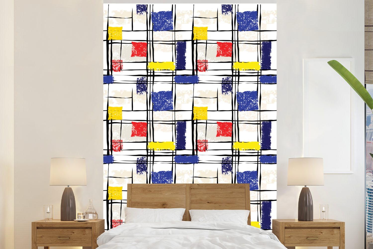 groß MuchoWow Fototapete Mondrian - St), Montagefertig für Wohnzimmer, Gelb Rot bedruckt, Wandtapete - Vinyl Blau, - Tapete (3 Matt