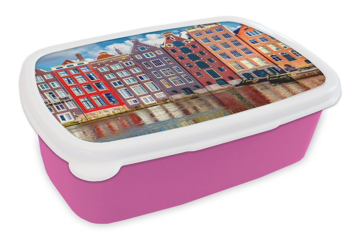 MuchoWow Lunchbox Grachtenhäuser - Wasser - Amsterdam, Kunststoff, (2-tlg), Brotbox für Erwachsene, Brotdose Kinder, Snackbox, Mädchen, Kunststoff rosa