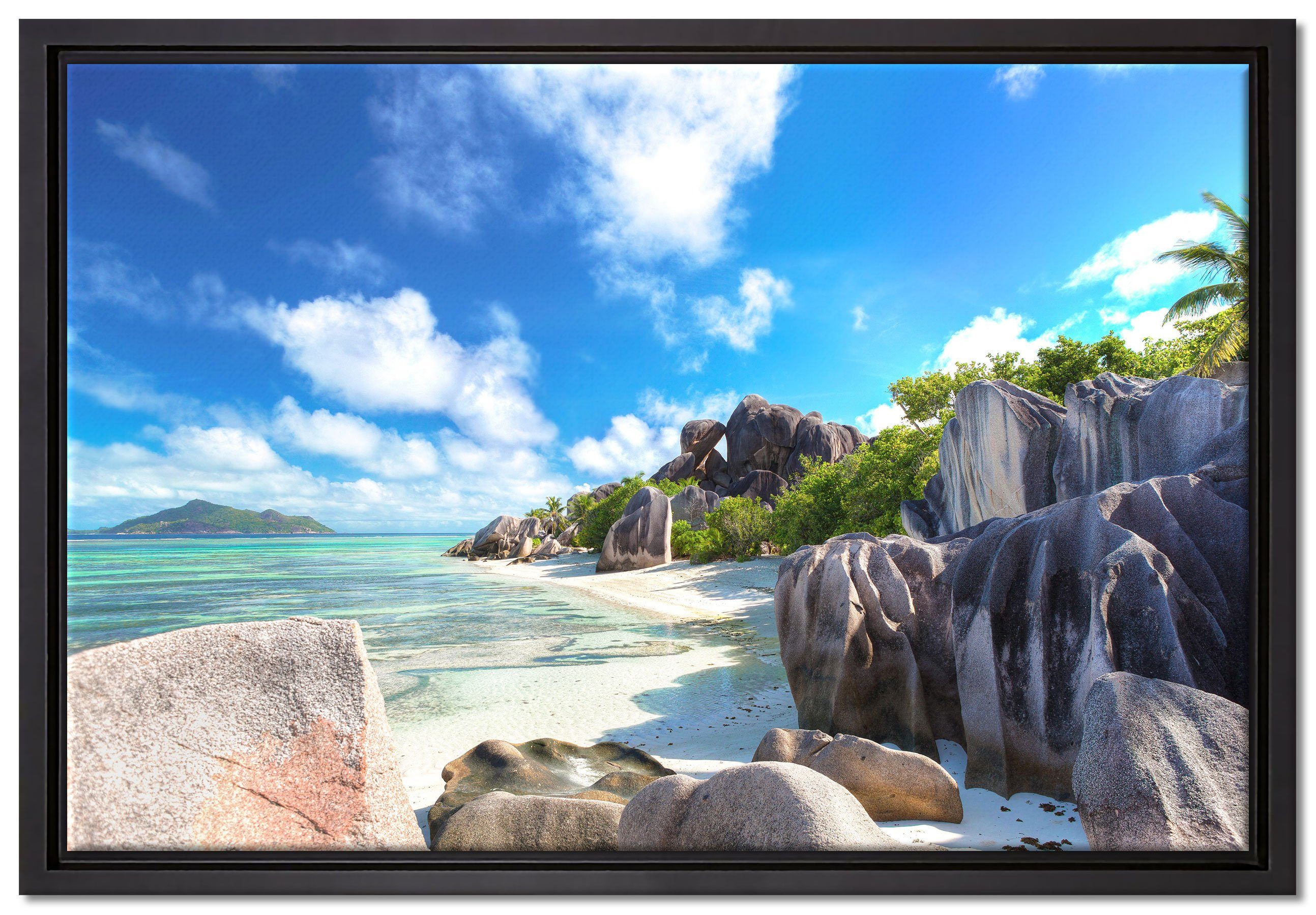 (1 fertig Schattenfugen-Bilderrahmen St), einem Zackenaufhänger Seychellen Leinwandbild in bespannt, Pixxprint inkl. Strand, Leinwandbild gefasst, Wanddekoration