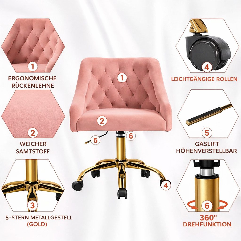 Fiximaster Polsterstuhl mit ergonomischer Rückenlehne, höhenverstellbarer Samt-Schminkstuhl (1 St), Drehstuhl und Bürostuhl, 360° drehbar – Bild 5 von 5