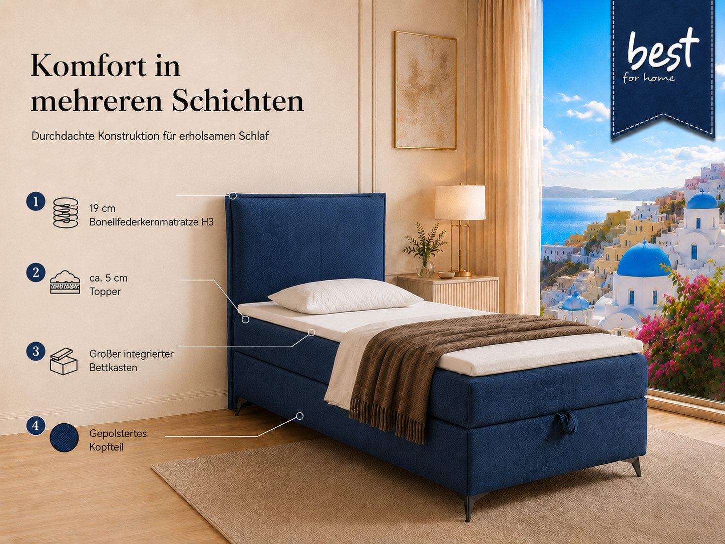 Best for Home Boxspringbett K16 Single SLIM mit Bettkasten & Bonellfederkernmatratze, Topper H3 (Einzelbett, Polsterbett, Juniorbett, Hotelbett, versch. Größen, 1-St., 70x200 80x200 90x200 100x200 cm), mit oder ohne Topper, Flexible Liefermöglichkeiten, Handwerksqualität