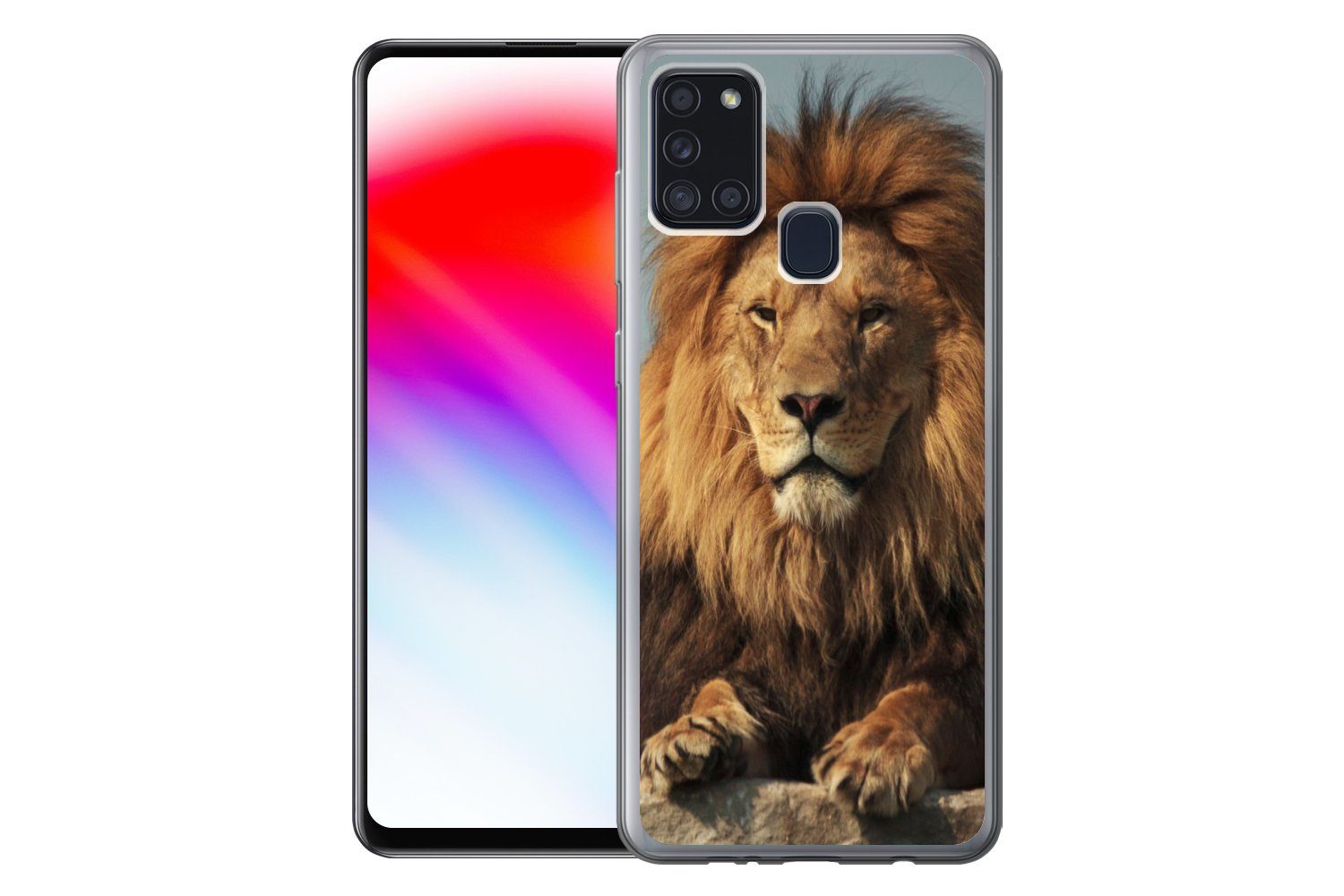 MuchoWow Handyhülle für Samsung Galaxy A21s Löwe - Felsen - Porträt, Smartphone-Bumper, Print, Handy Schutzhülle Dünn
