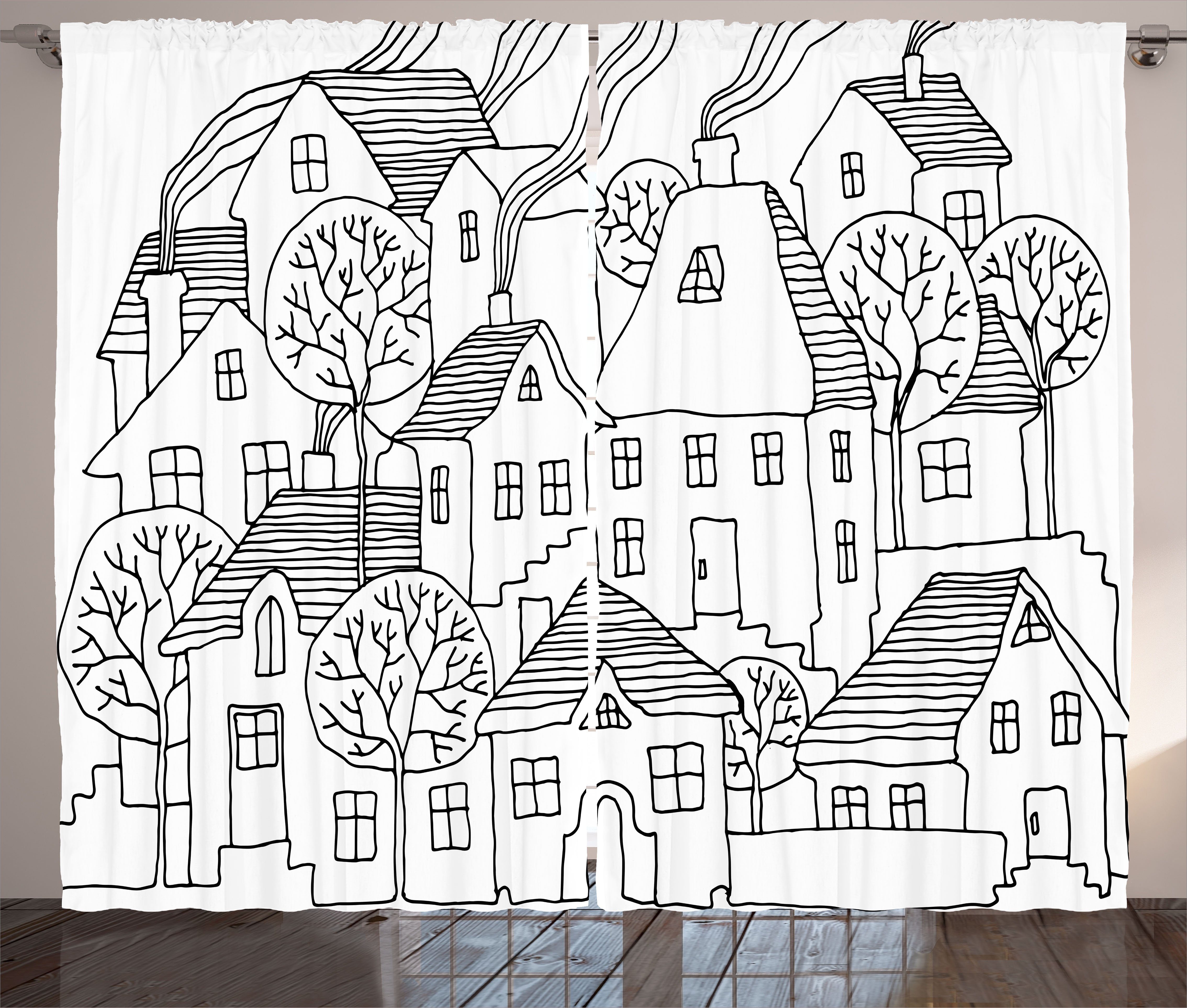 Cartoon Schlafzimmer Skizzenhaft Vorhang Abakuhaus, mit House Haken, Schlaufen Kräuselband und Village Gardine