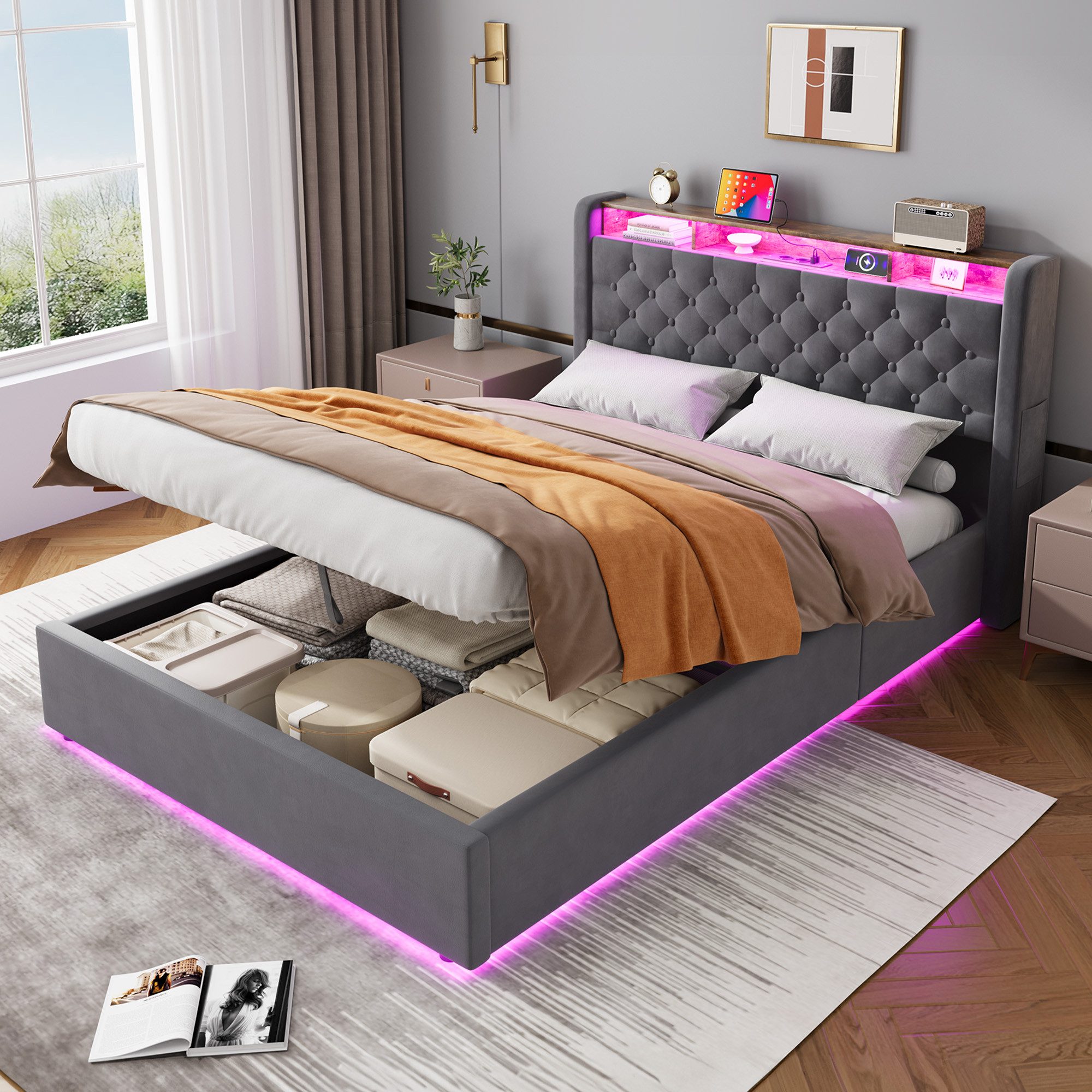 STILVORA Polsterbett 140×200 mit bettkasten,Funktionbett Jugenbett mit Stauram & Steckdose (Hochdichter Lattenrost, Metall-Querstrebe,Gepolstertes Kopfteil, Modernes Design Jugendbett mit Klappbares Kopfteil, Zugband-Hebesystem), Stauraumbett mit Steckdos