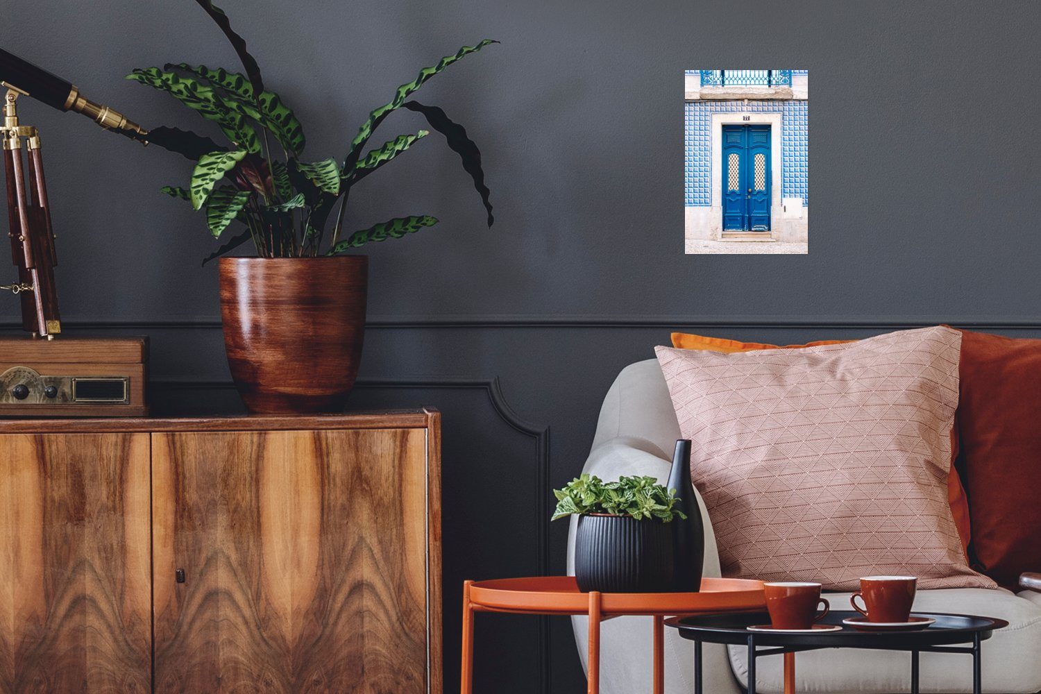MuchoWow Poster Blau - Tür - Holz - Architektur, (1 St), Poster, Wandbild, Wandposter für Wohnzimmer, Ohne Rahmen