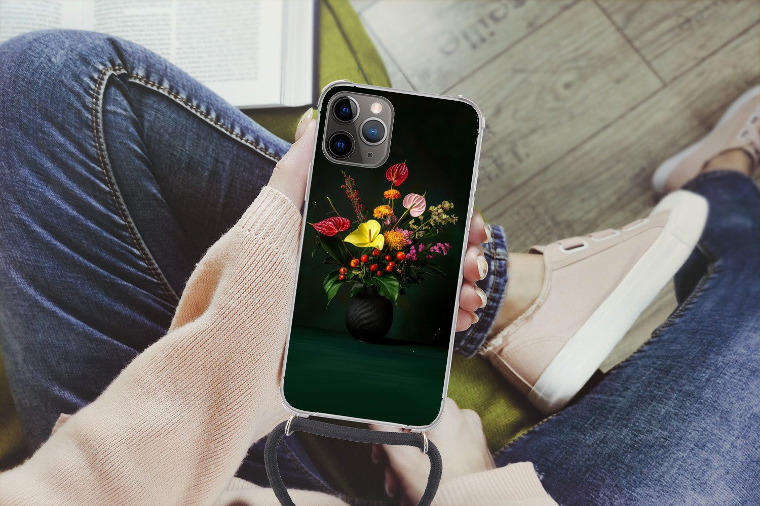 MuchoWow Handyhülle für Apple iPhone 13 Pro Max Blumen - Vase - Schwarz, Tragbare Handyhüllen mit Kette zum umhängen, Handykette Handyband