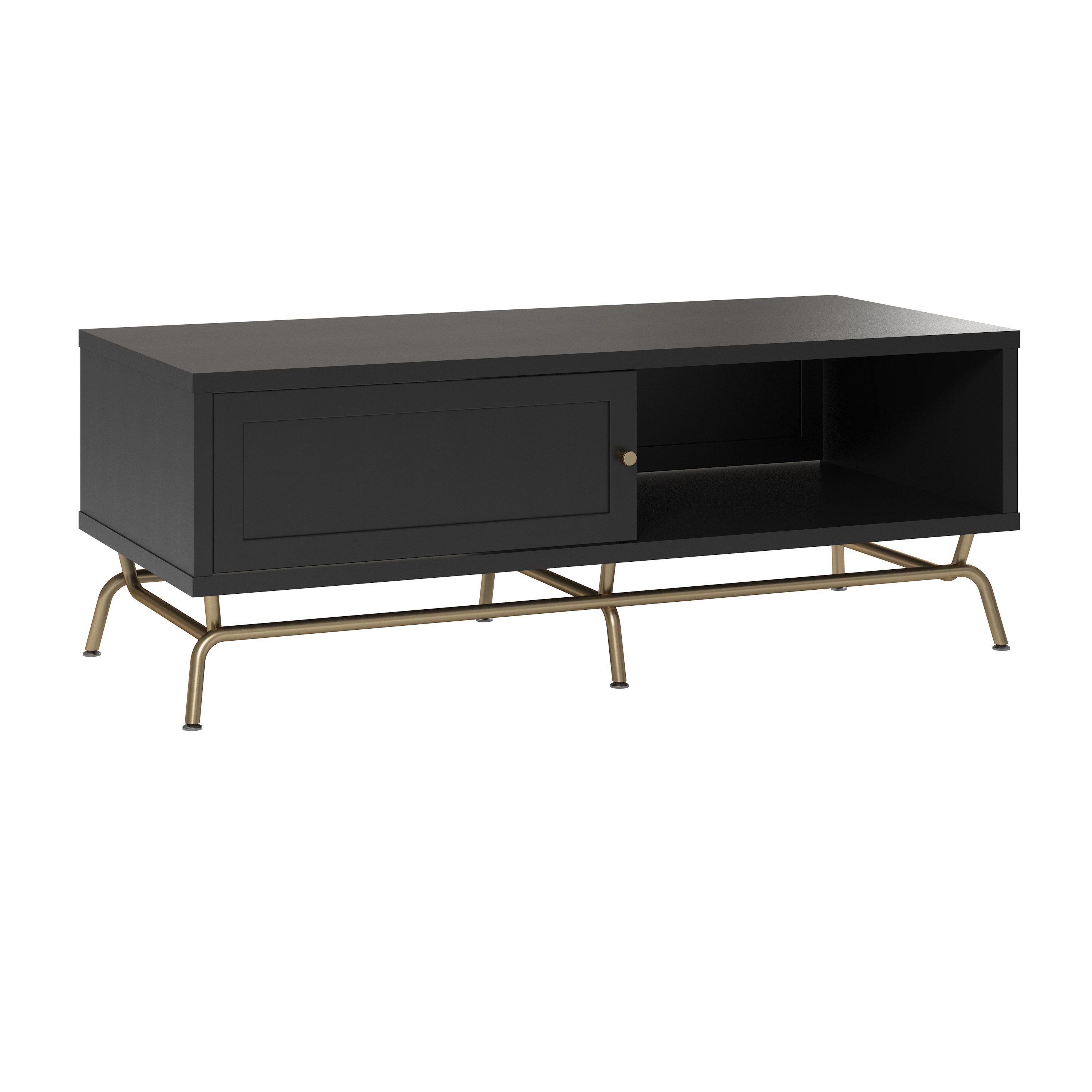 loft24 Wohnzimmertisch Nova, Couchtisch mit Tür, MDF schwarz, Metallgestell in gold, 122 cm