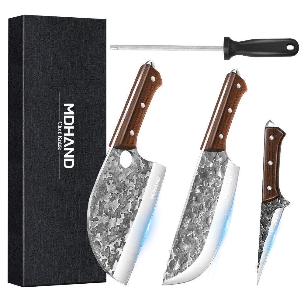 MDHAND Messer-Set Handgeschmiedetes 4-teiliges Kochmesser Set aus Edelstahl (4-tlg), ideal für BBQ, Outdoor & Camping als Geschenk