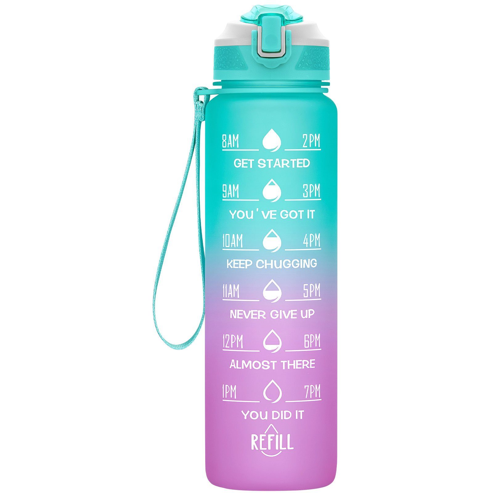 OKWISH Trinkflasche Sport Wasserflasche Sportflasche Auslaufsicher 1 Liter BPA-Frei 1L, Zeitmarkierung und Strohhalm Fitness Outdoor Camping Fahrrad Wandern Grün/Helllila