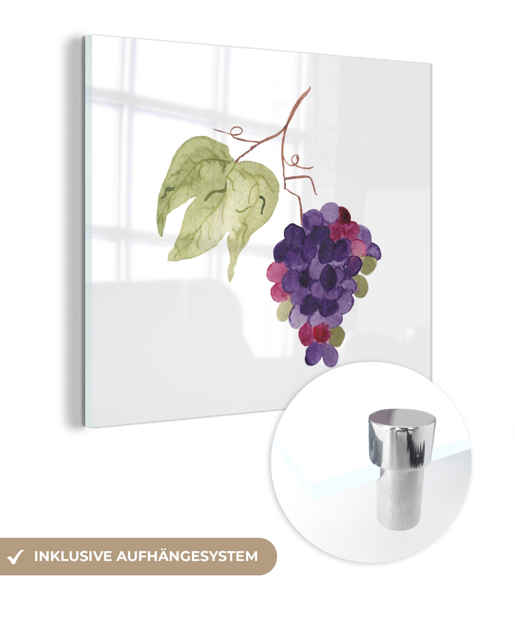 Glas Glasbilder Bilder auf Acrylglasbild Glas Wanddekoration - St), MuchoWow auf - Wandbild - Weintrauben Aquarell, - Blätter (1 - Foto