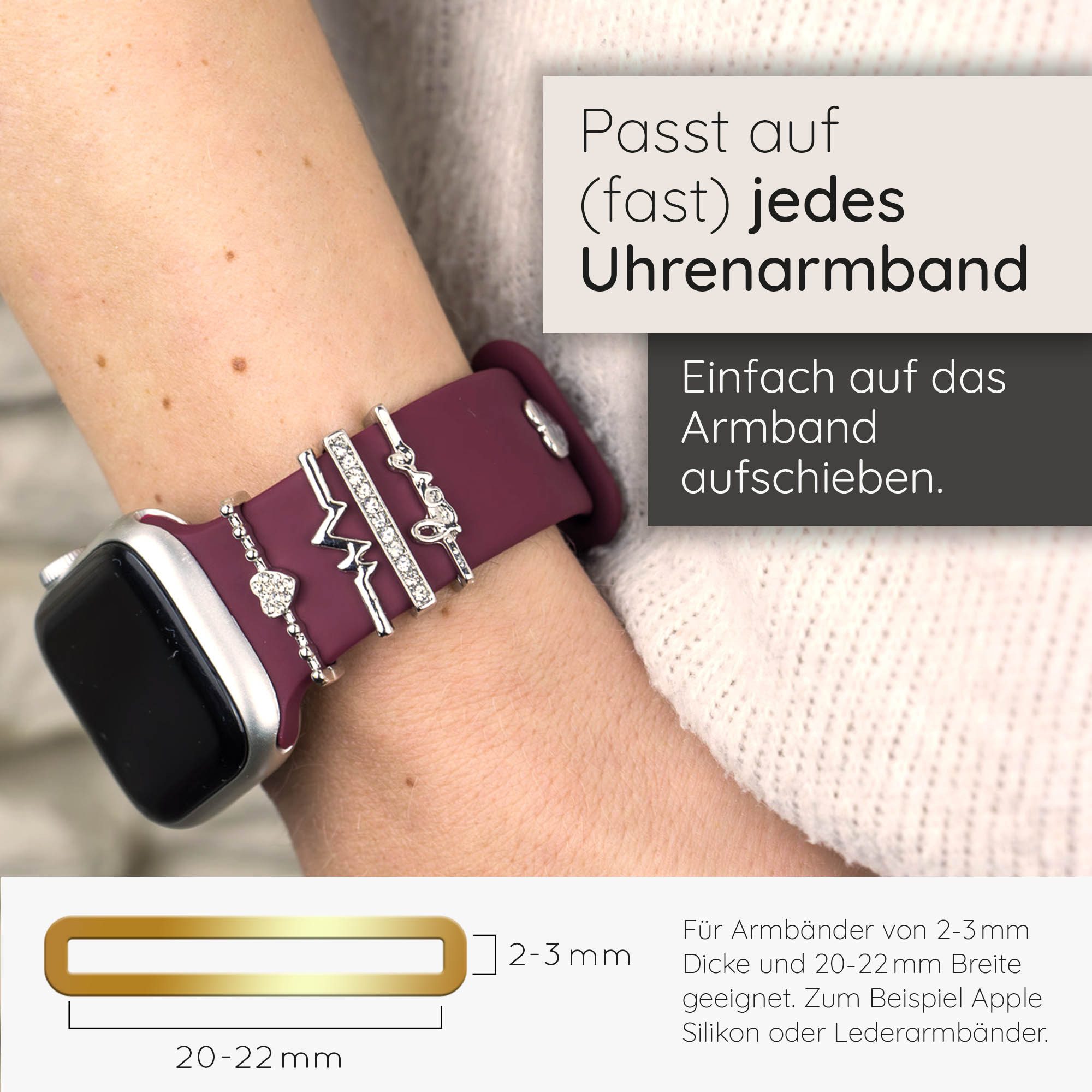 EAZY CASE Smartwatch-Armband Apple Watch Charms Set 38/40/41mm & 42/44/45/49mm, trendige Watch Charms Love mit Herzen & Strasssteinen Silber – Bild 4 von 5