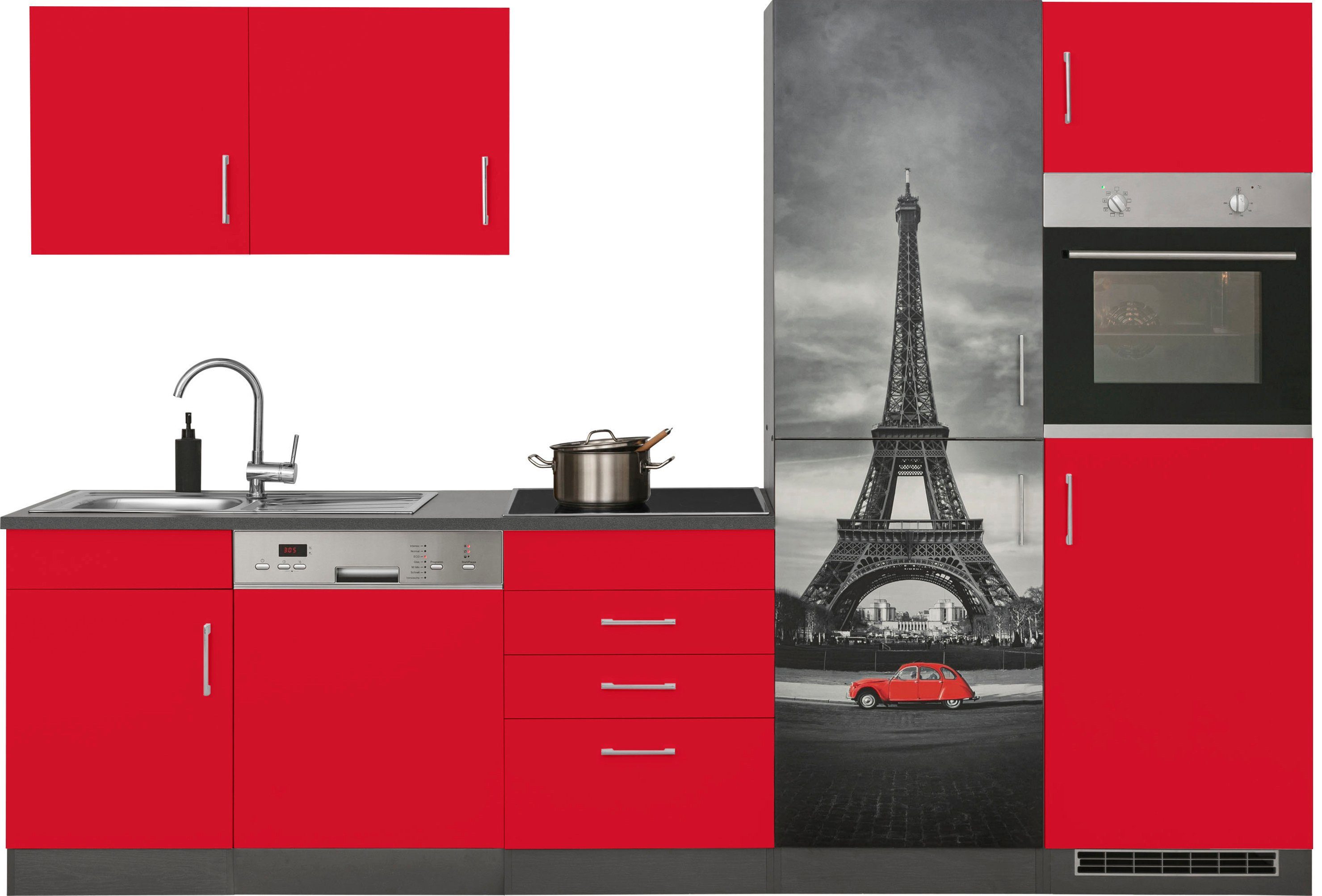 KOCHSTATION Küchenzeile KS-Paris – Küchen mit einzigartigen Fotomotiven auf den Fronten, Breite 290 cm, wahlweise mit E-Geräten und Induktion