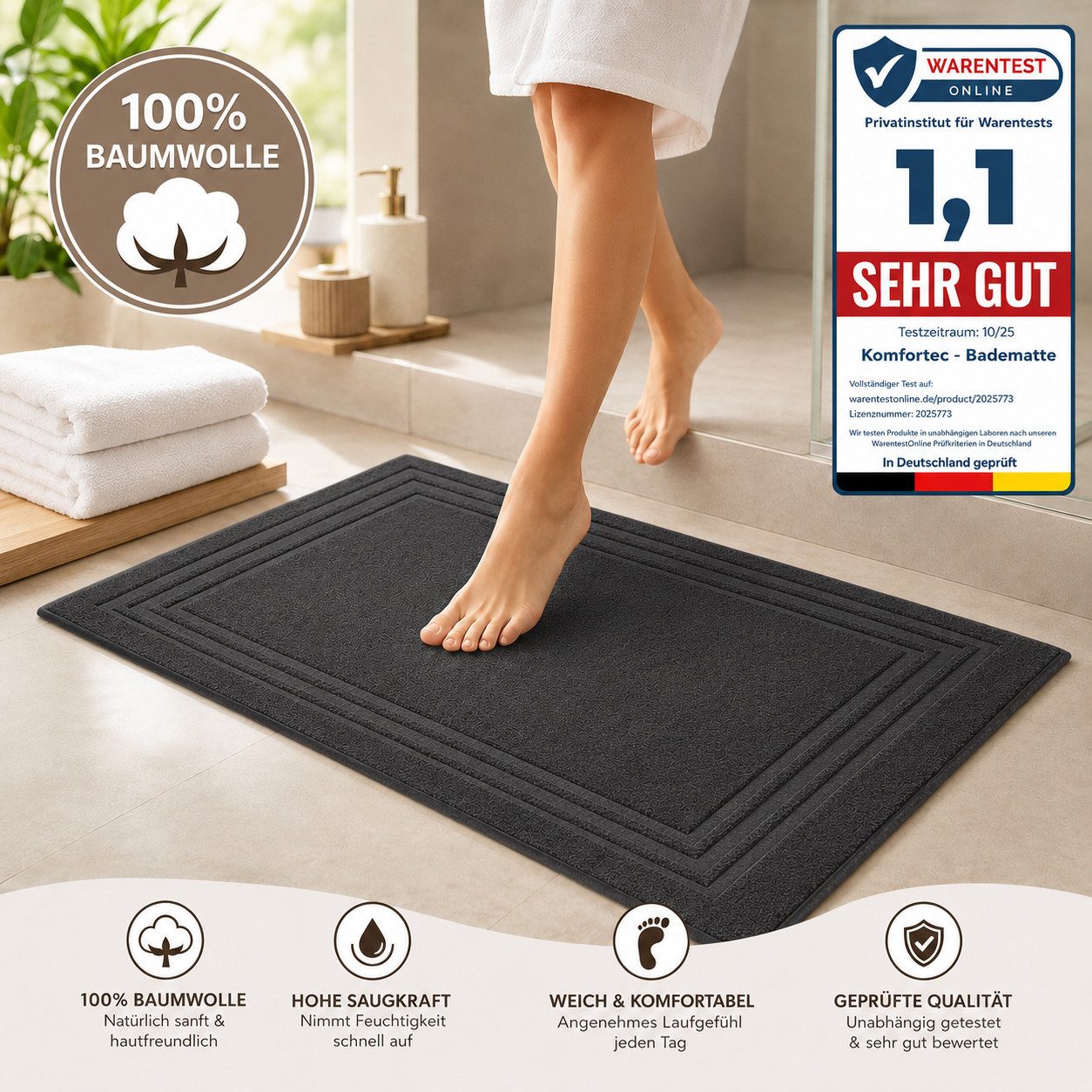 Komfortec Badematte 2er Badetuch Set aus 100% Baumwolle 50x70 cm Extra Weich & Saugstark, Rechteckig, 600 g/m² – Bild 4 von 5