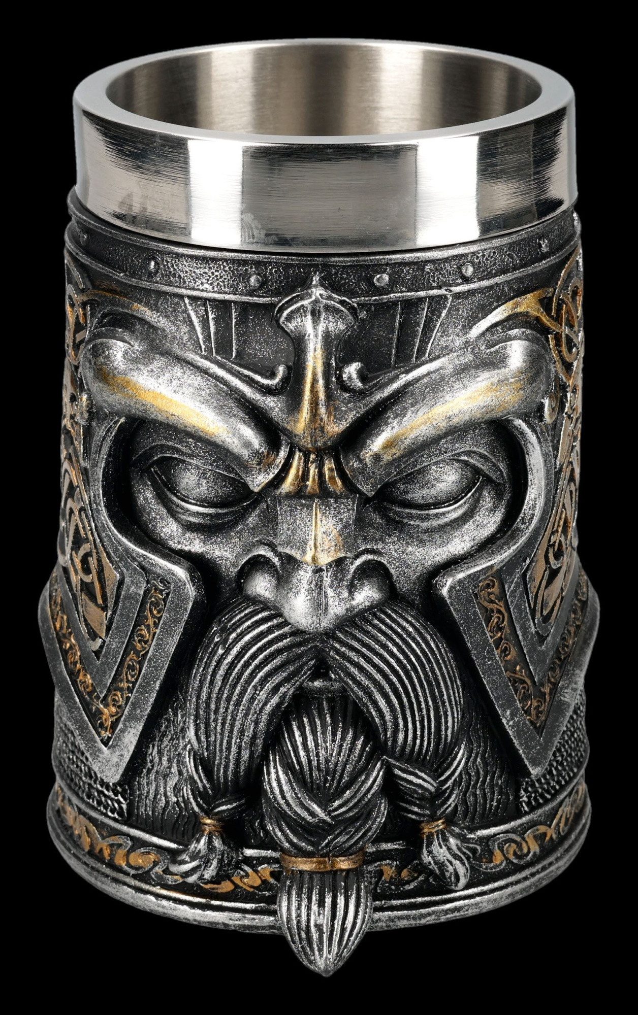 Figuren Shop GmbH Bierkrug Odin Krug Wikinger Bierkrug Hugin Munin Trinkkrug 500 ml 15 cm Deko, Kunststein (Polyresin), Edelstahl