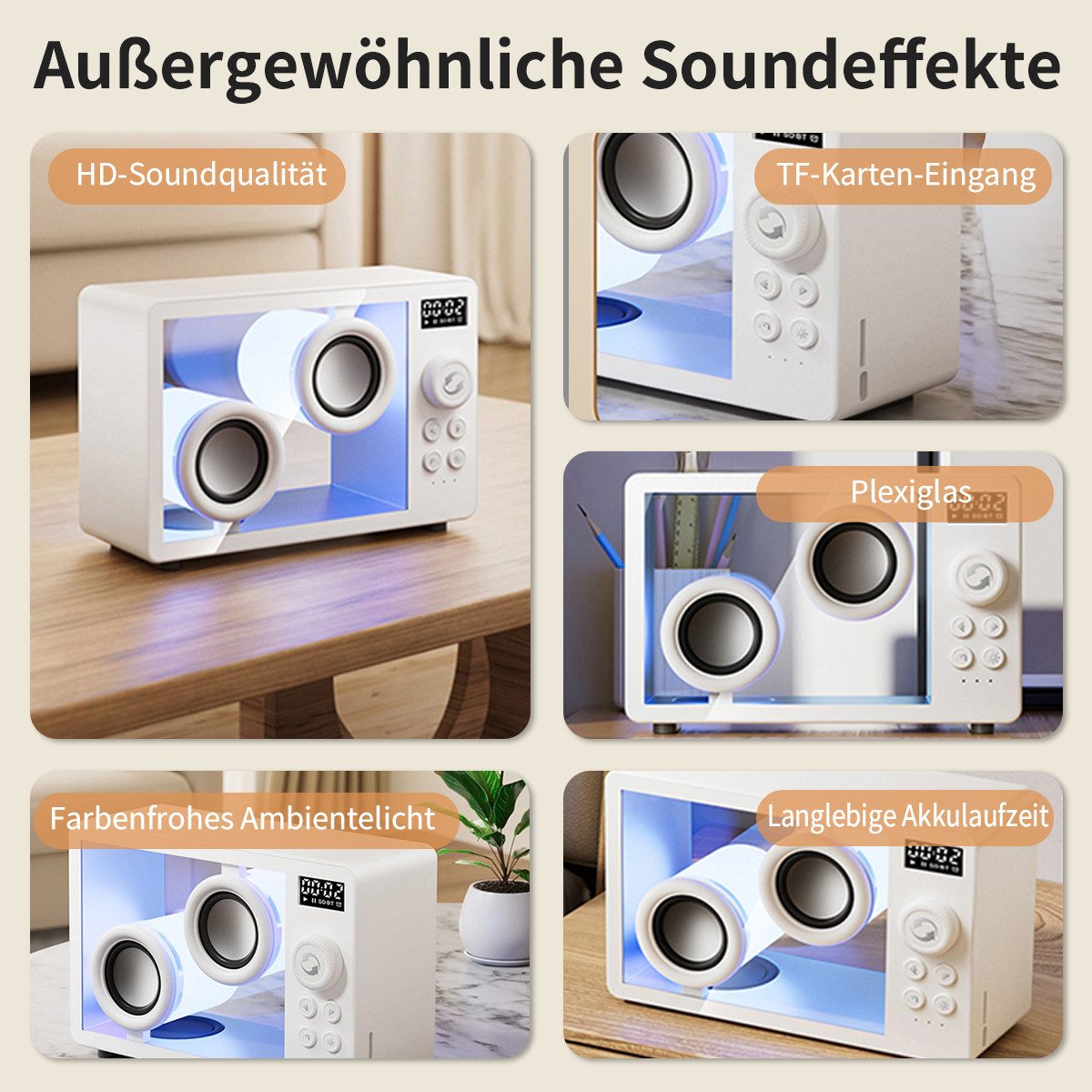 Luckice Tragbare Lautsprecher Bluetooth-Desktop-Lautsprecher Bluetooth-Lautsprecher (Unterstützt Bluetooth/TF-Karteneingang, Wecker, Atmosphärenlicht)
