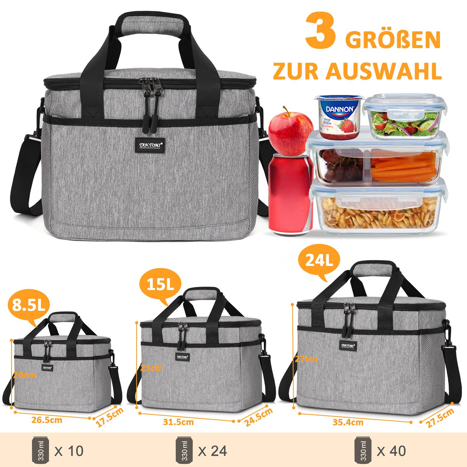 CALIYO Thermobehälter Kühltasche Faltbar Thermobehälter für Essen mit Reißverschluss, Polyethylen (PE), (Faltbar aus wassedichtem Material für Arbeit, Schule und Picknick), 8.5L /15L / 24L (Grau/Schwarz)